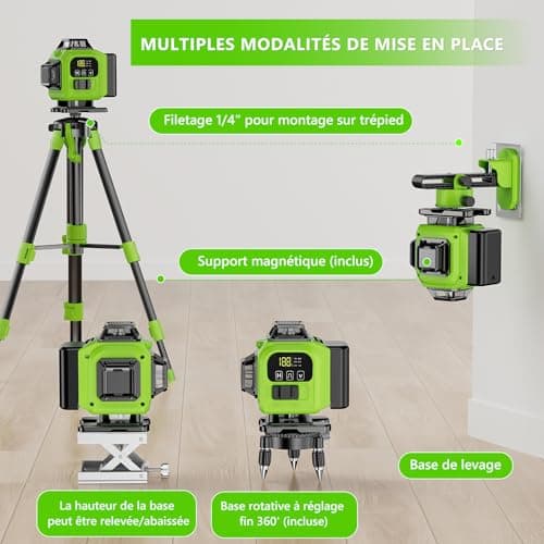 Lazer Niveaux Autonivelant 360° 4D x 4 Lignes Laser, Batterie Extérieure, Nivellement Automatique, Support Rotatif