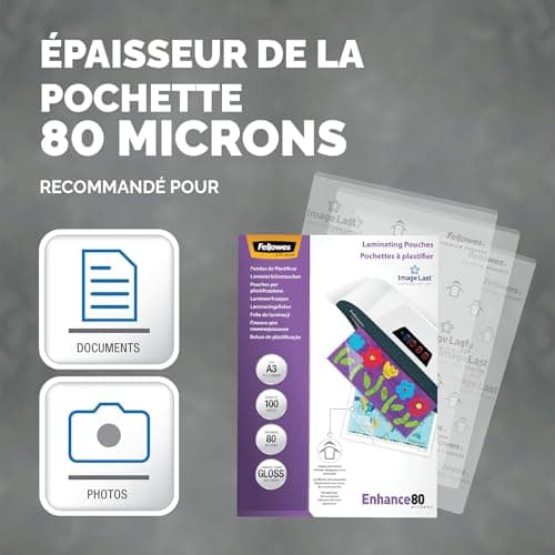 Fellowes Pochette De Plastification 80 Microns Format A3 Pack de 100 Feuilles Plastifieuse A3 Finition Brillante Aspect