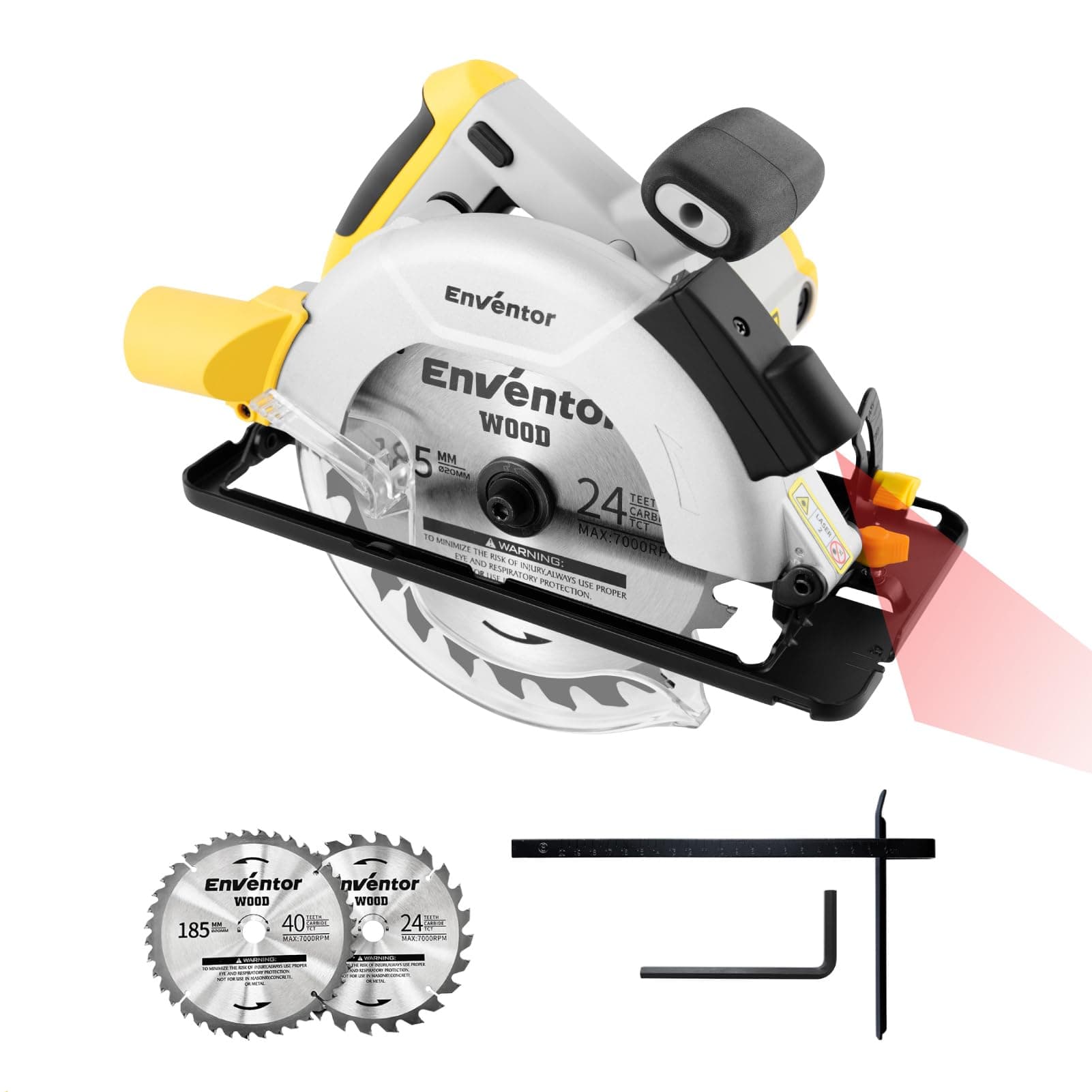 ENVENTOR Scie Circulaire 1200W, Guide Laser, Lame 185mm, Bois Métal Plastique