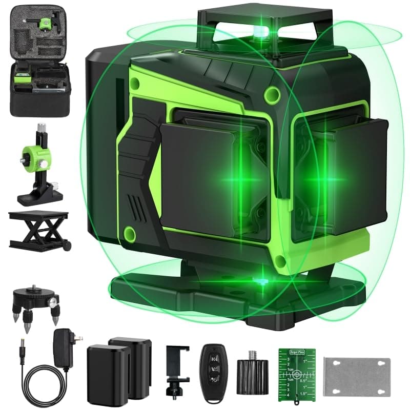 Niveau laser chantier autonivelant 4x360°, vert 4D, 16 lignes LED, 2x batterie, IP54, support rotatif, télécommande & ma