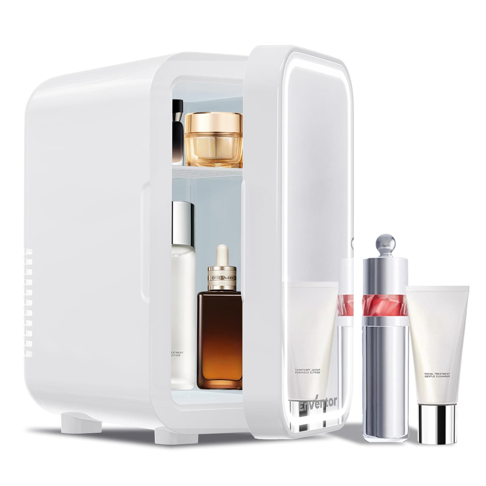 Enventor Mini Frigo 6L/8 canettes Blanc, réfrigérateur pour cosmétiques avec miroir LED, chambre et voiture