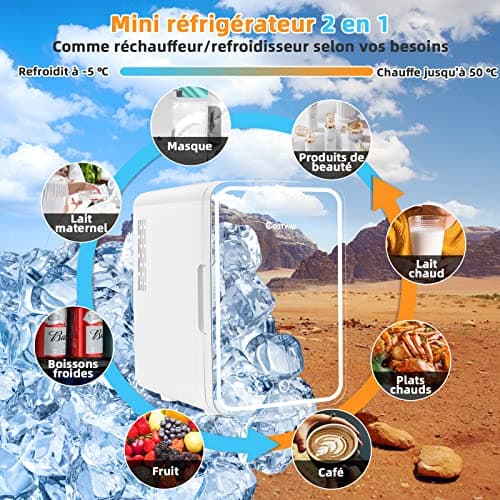 COSTWAY Mini Réfrigérateur 10L Chaud/Froid Portable avec Miroir LED pour Voiture et Chambre