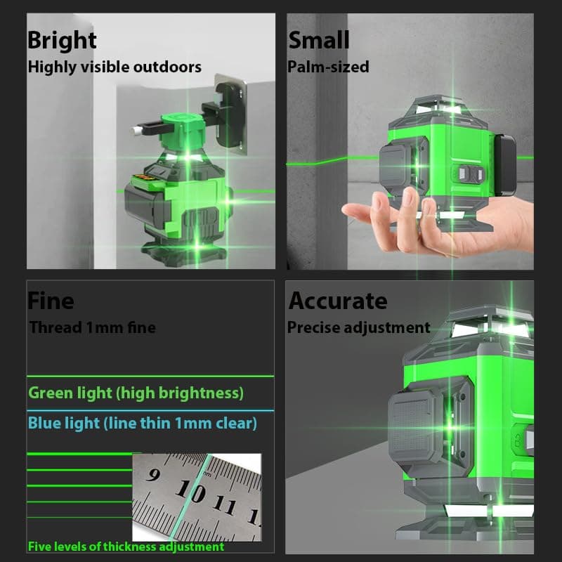 Laser Niveau 4x360° Rotatif Horizontal et Vertical, Nivellement Automatique, 2 Batteries Rechargeables, Avec Trépied