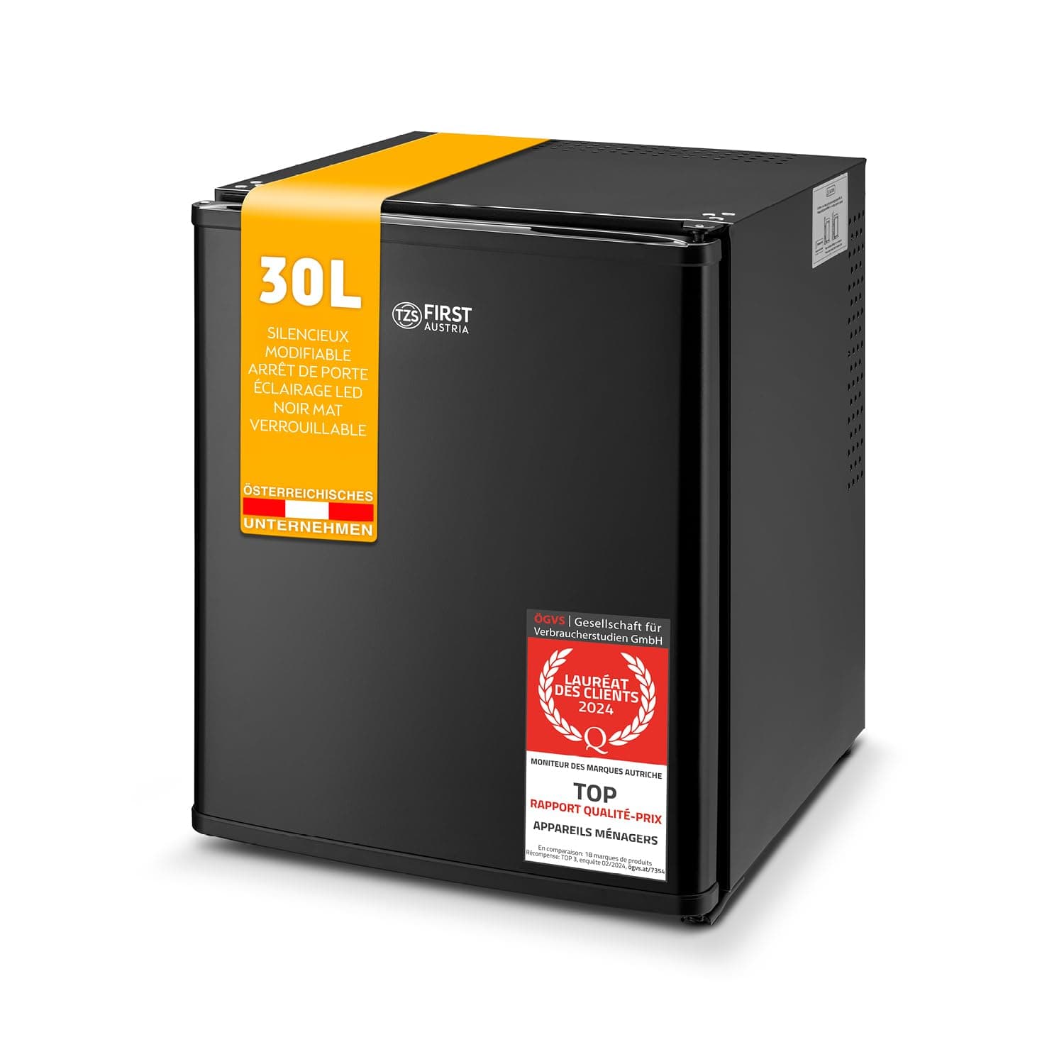 TZS First Austria - Mini réfrigérateur 30L complètement silencieux - Idéal pour camping, bureau et chambre - Design noir