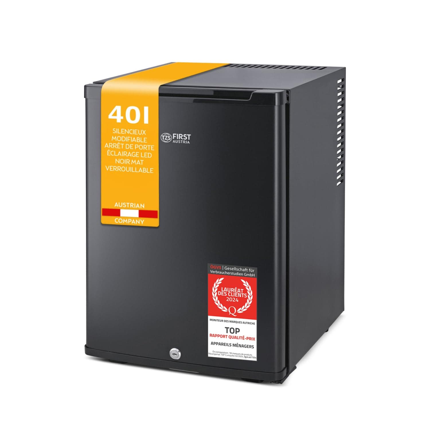 TZS First Austria - Petit mini-frigo silencieux 40L avec serrure - Camping, bureau, chambre & hôtel - Noir matavec porte