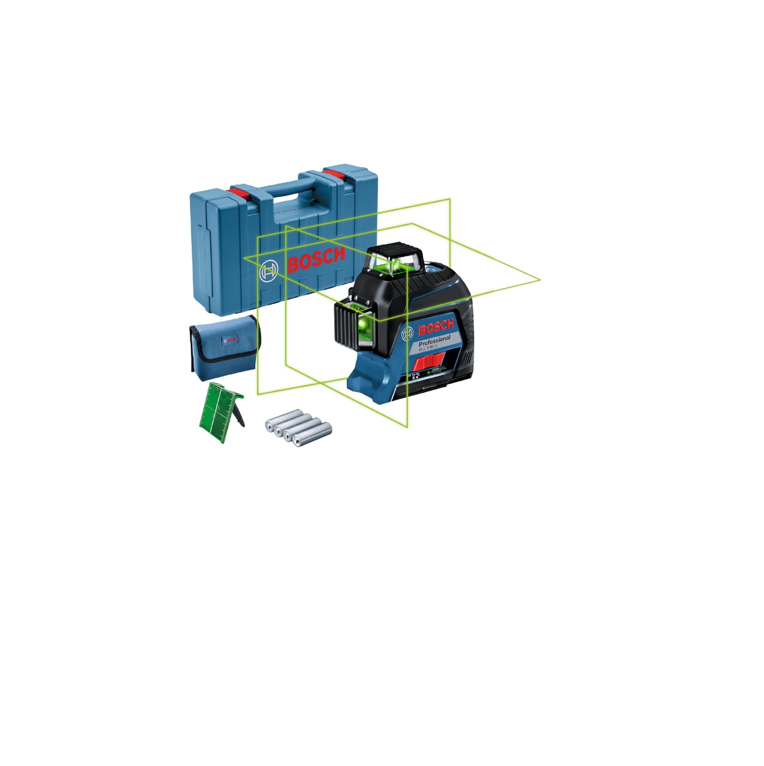 Bosch Professional niveau laser Greene Lumière GLL 3-80 G pour intérieur - Portée jusqu'à 30 m - 4 piles AA - Coffret de
