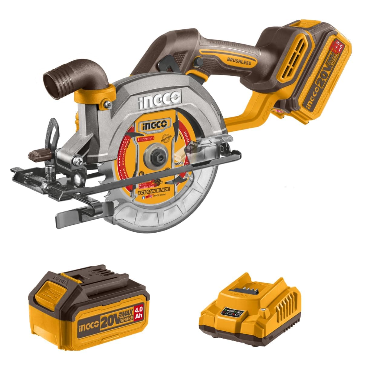 Scie circulaire sans fil INGCO 20V, moteur sans balais, diamètre 140mm, coupe jusqu'à 50 mm et 33 mm 90° et 45°, batteri