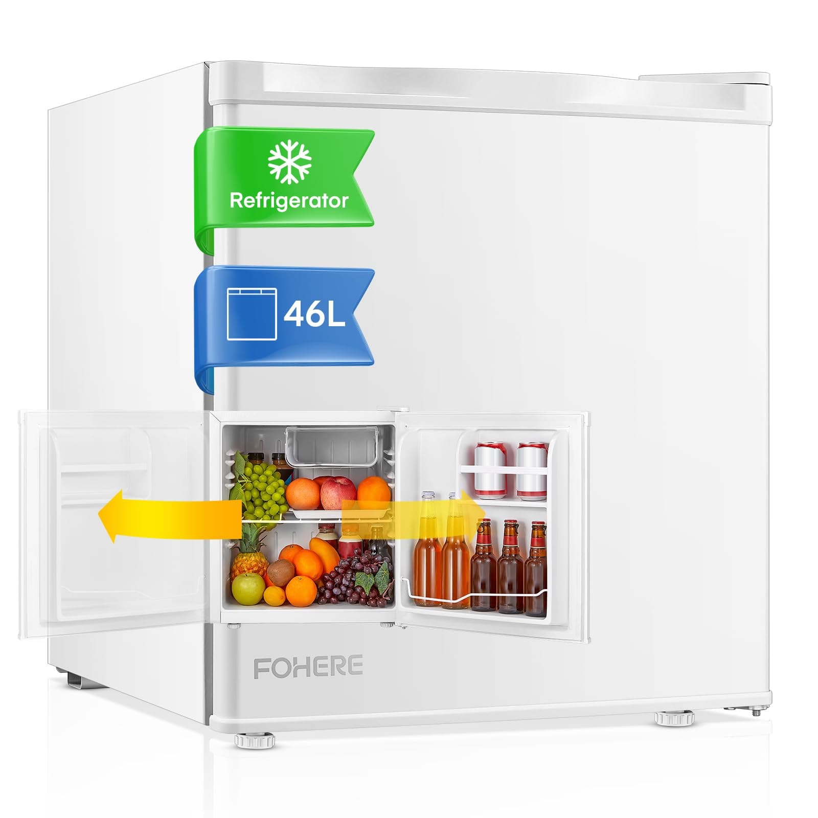 FOHERE Mini Réfrigérateur 46L, Élégant et Silencieux pour la Maison et le Bureau, Pieds Réglables avec Congélateur, Blan