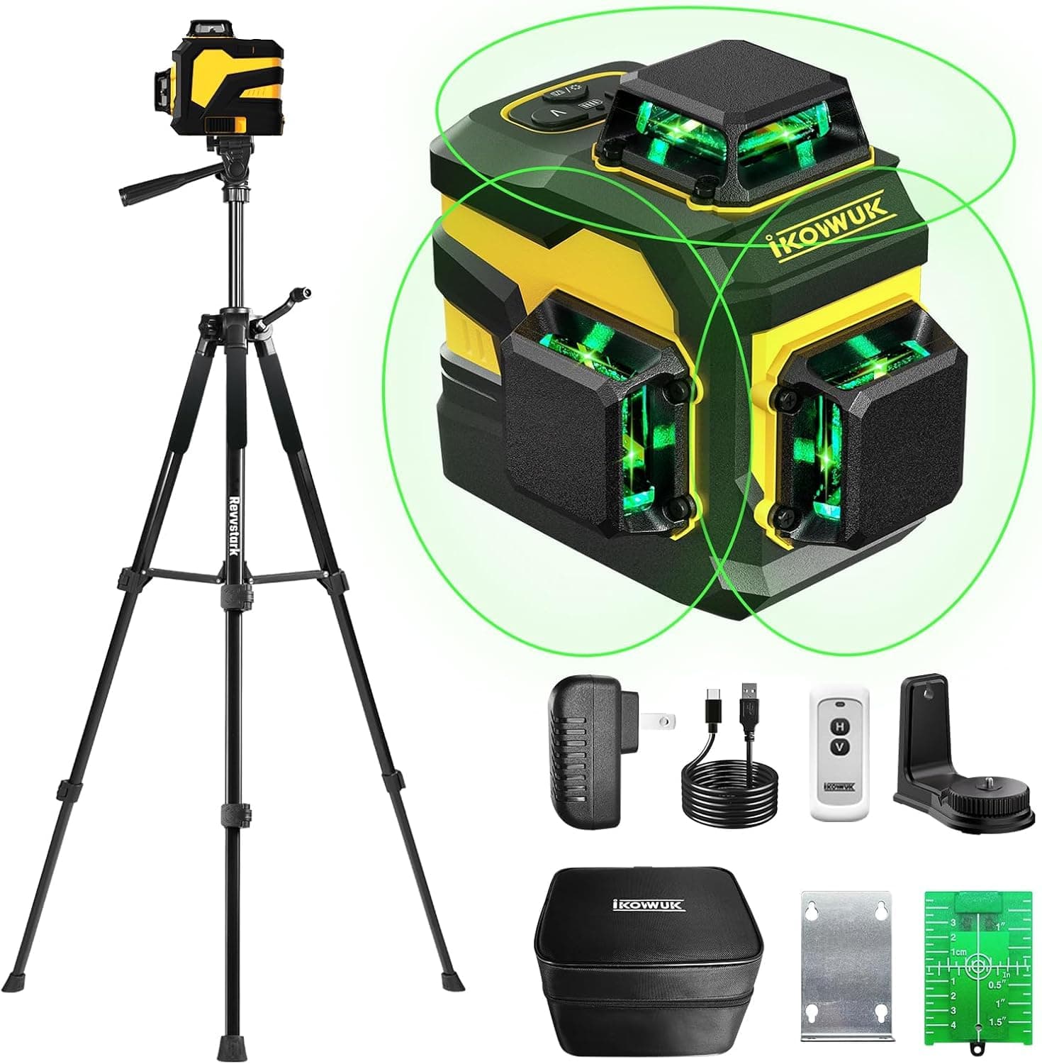 Niveau laser répied 360° Niveau laser chantier autonivelant 3D rechargeable 59.9 inch trepied vert rotatif 5200mAh batte
