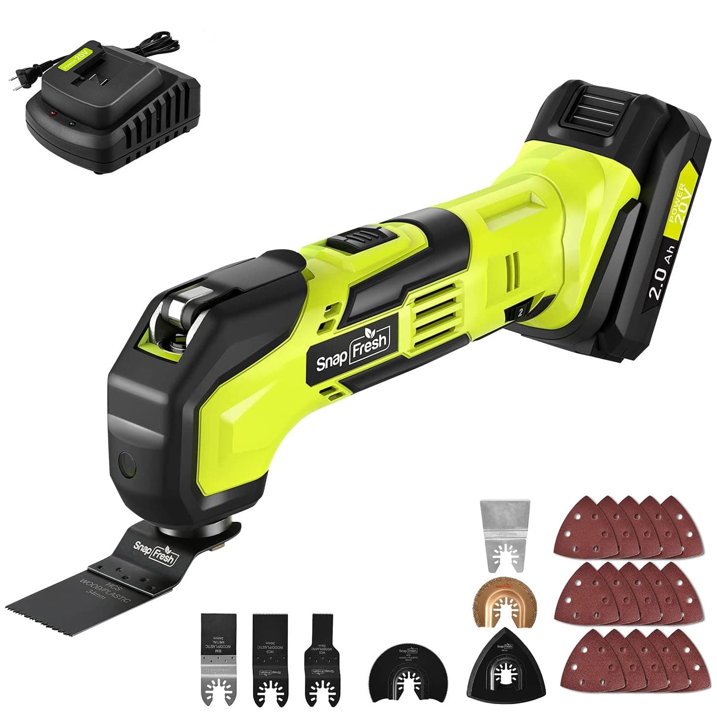 SnapFresh Multifonction sans fil 20V Multitool Multi-cutter Scie Oscillante avec 6 Vitesses 5000-18000 OPM, angle d'osci