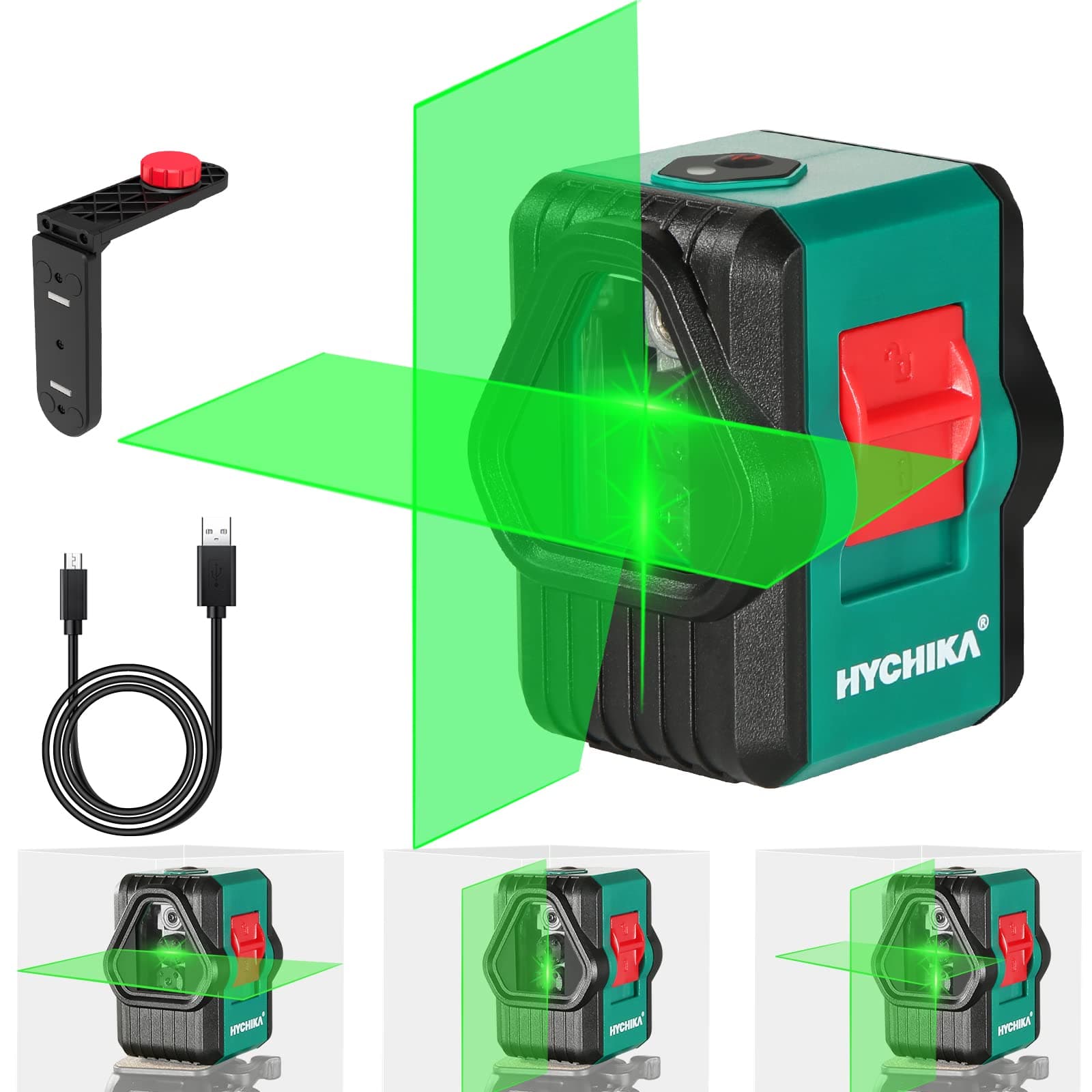 HYCHIKA Niveau Laser Vert Autonivelant 45M pour Extérieur - Deux Modules Ligne Croix/Horizontale/Verticale USB Rechargea
