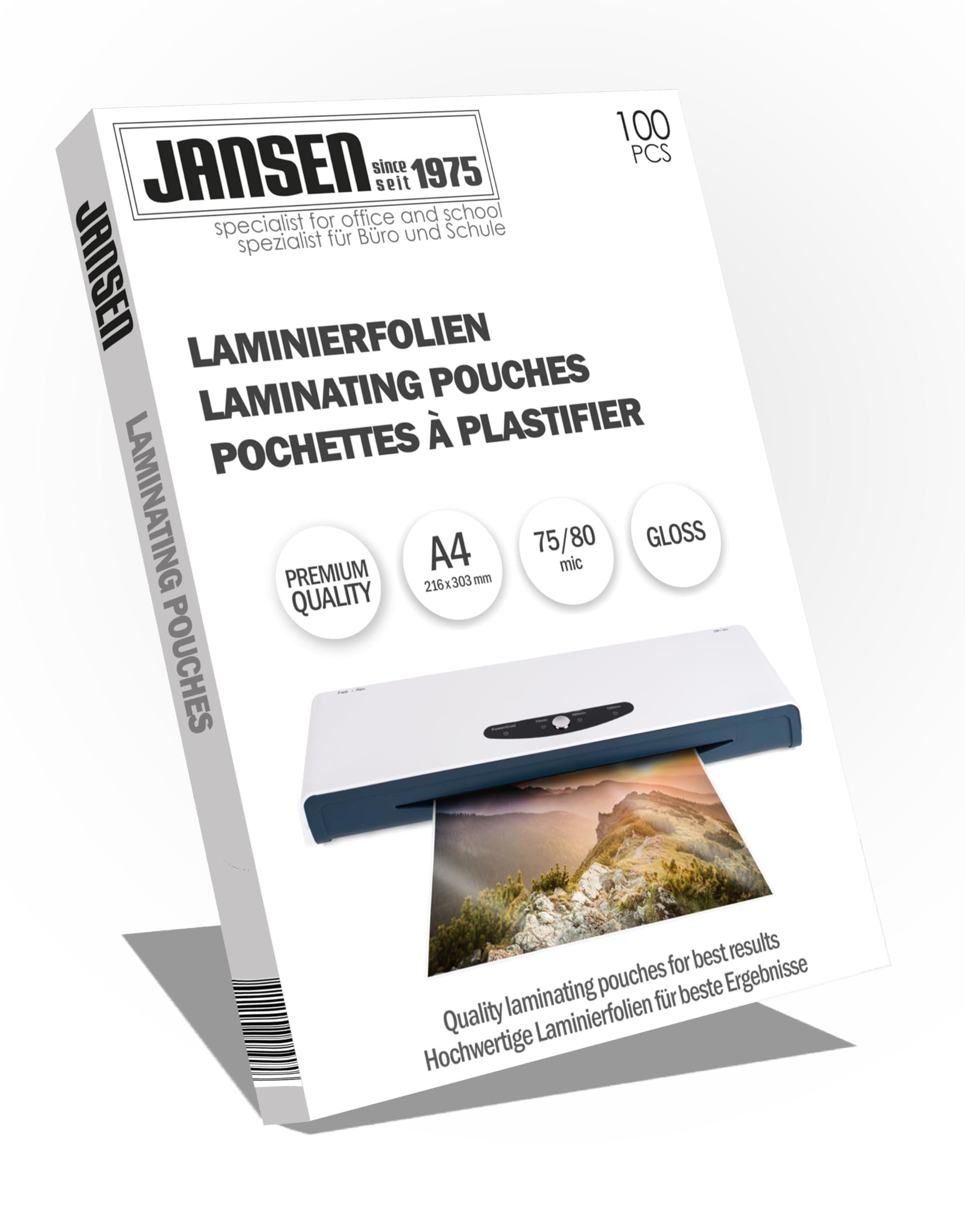 Jansen - Pochettes de plastification brillantes A4, 75/80 microns, Pack de 100 - Idéales pour l'imprimerie profesionnell