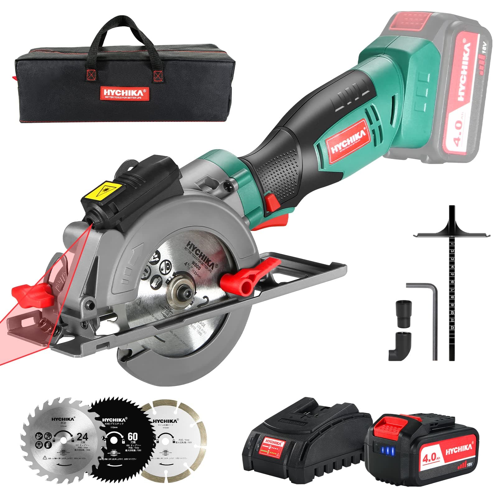 HYCHIKA Scie Circulaire Sans Fil 18V, Batterie Li-ion |0Ah, Guide Laser, pour Couper du Bois Métal, 3 Lames 3500RPM Maxi