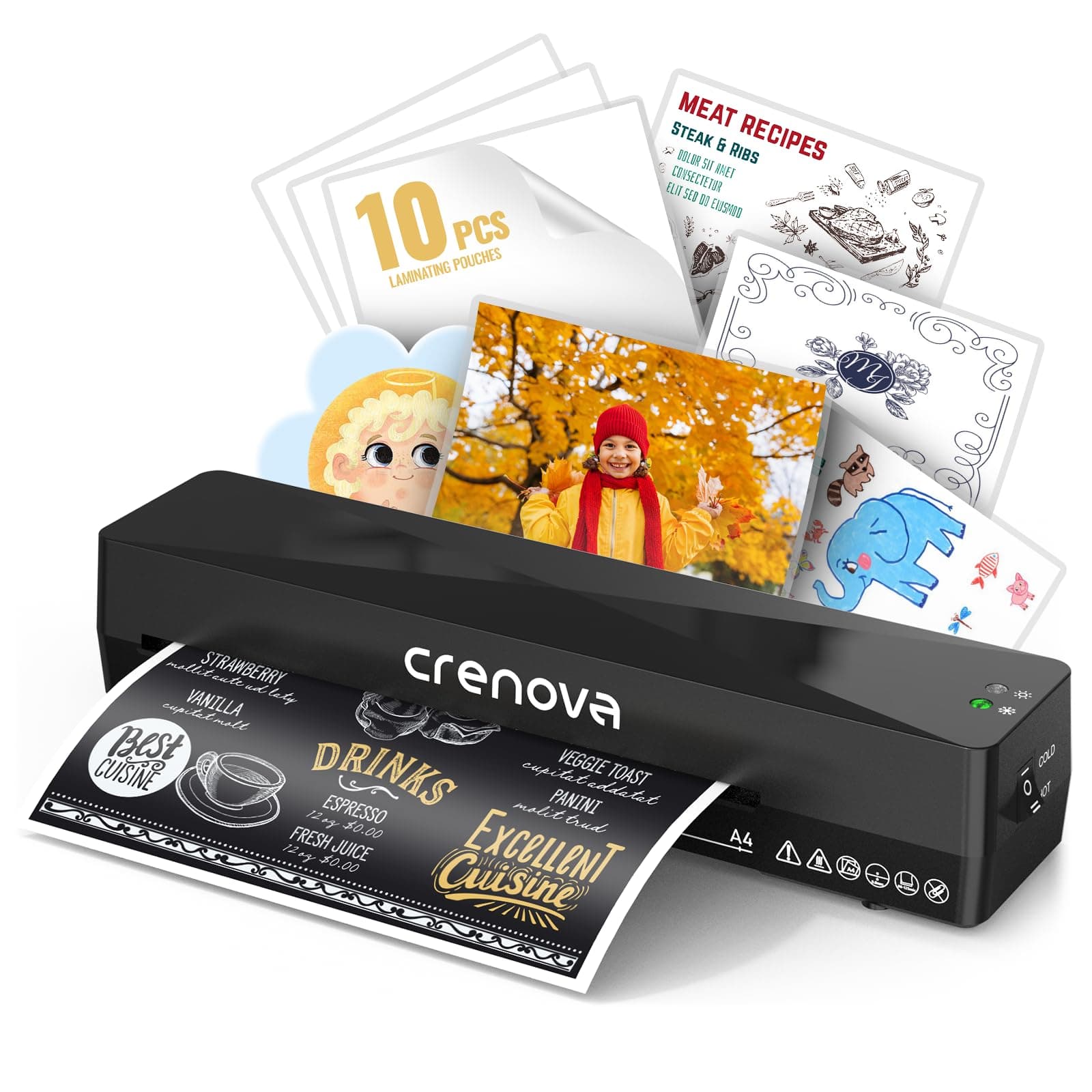 Crenova Plastifieuse A4 Multifonction Noire pour Maison et Bureau sans Bulles avec 10 Pochettes