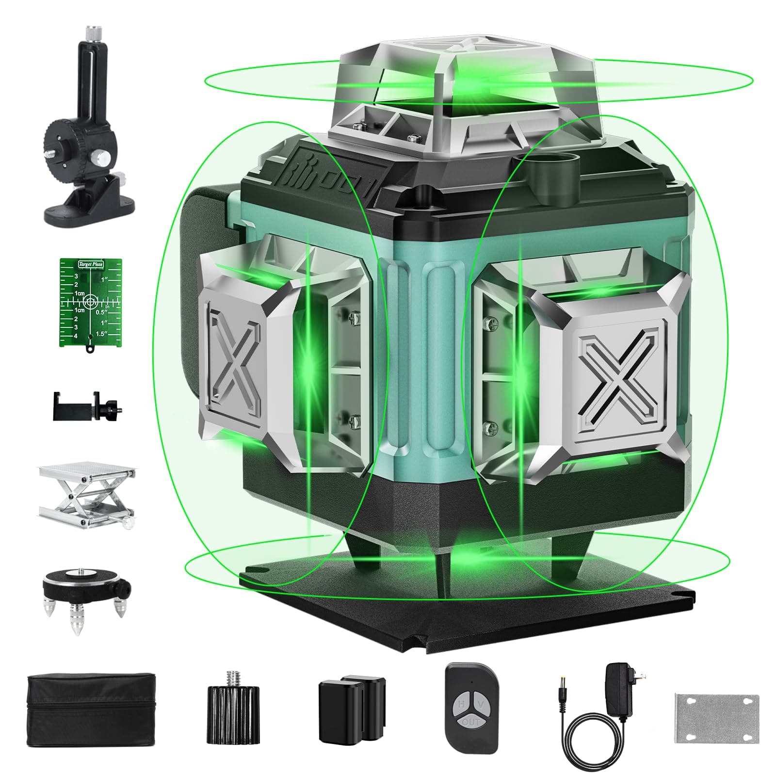 Niveau laser vert autonivelant 4x360°, 4D 16 lignes laser, chantier à ligne croisée verticale/horizontale, 2 x batterie,