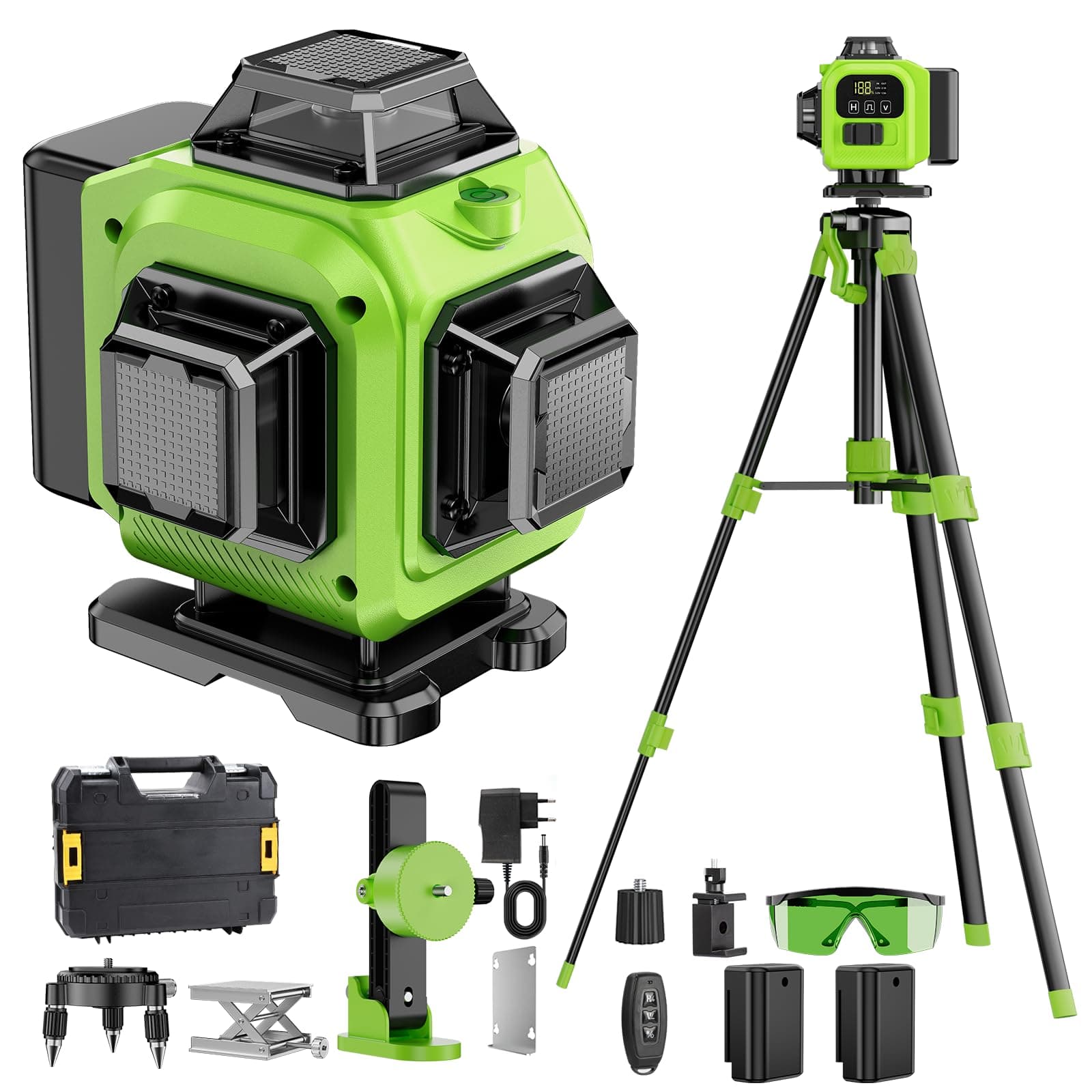 Lazer Niveaux Autonivelant 360° 4D x 4 Lignes Laser, Batterie Extérieure, Nivellement Automatique, Support Rotatif