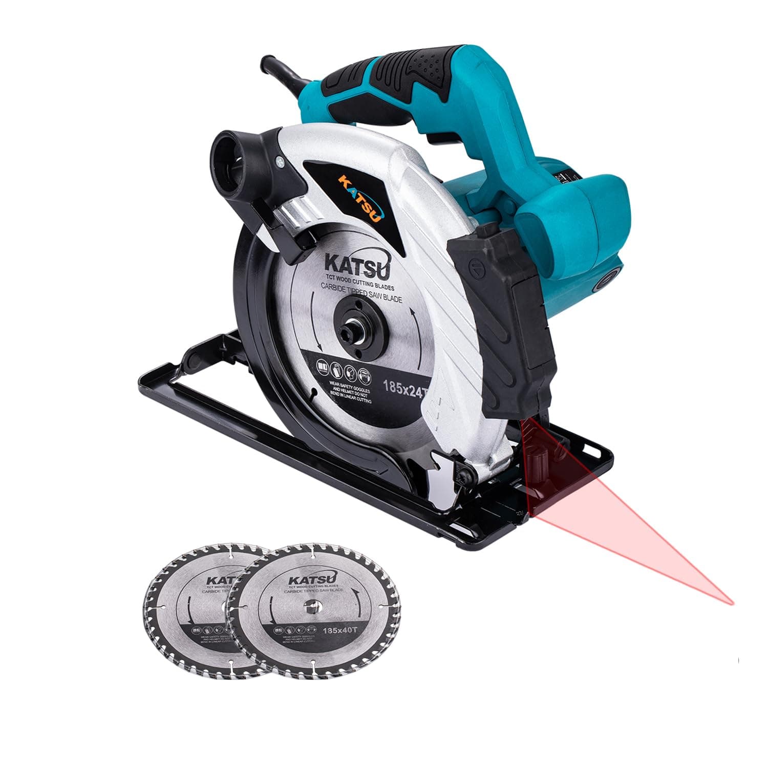 KATSU Scie circulaire 185mm 1600W Guide Laser 2 Lames 24T 40T Coupe Bois Métal Plastique