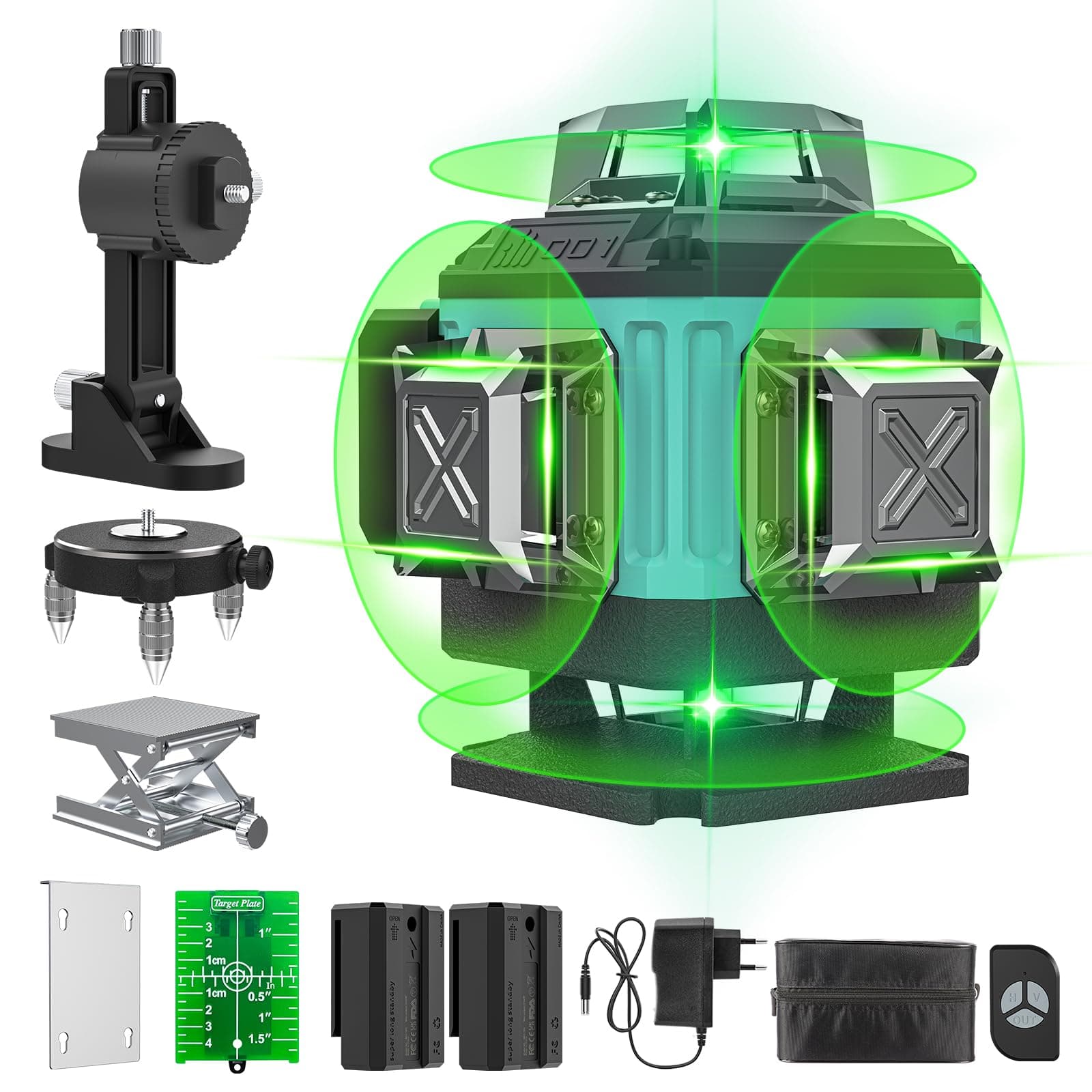 Laser Vert 4D Niveau 16 Lignes 4 x 360° 2 x Batterie Support Mural Télécommande Base Magnétique Support Rotatif