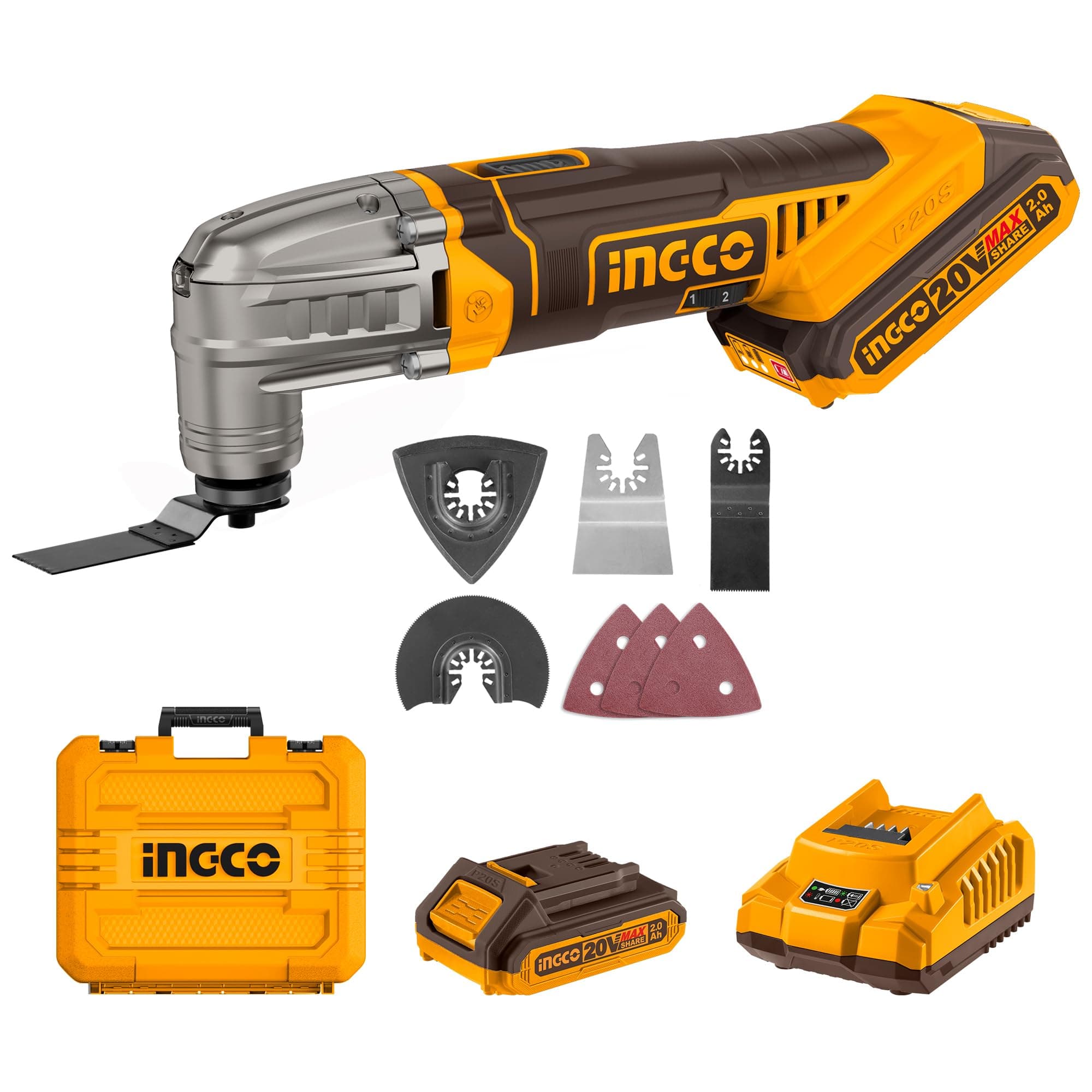 Outil Multifonction Oscillant sans Fil INGCO CMLI20228, puissance 5000-20000 tr/min, accessoires inclus, batterie 2,0 Ah
