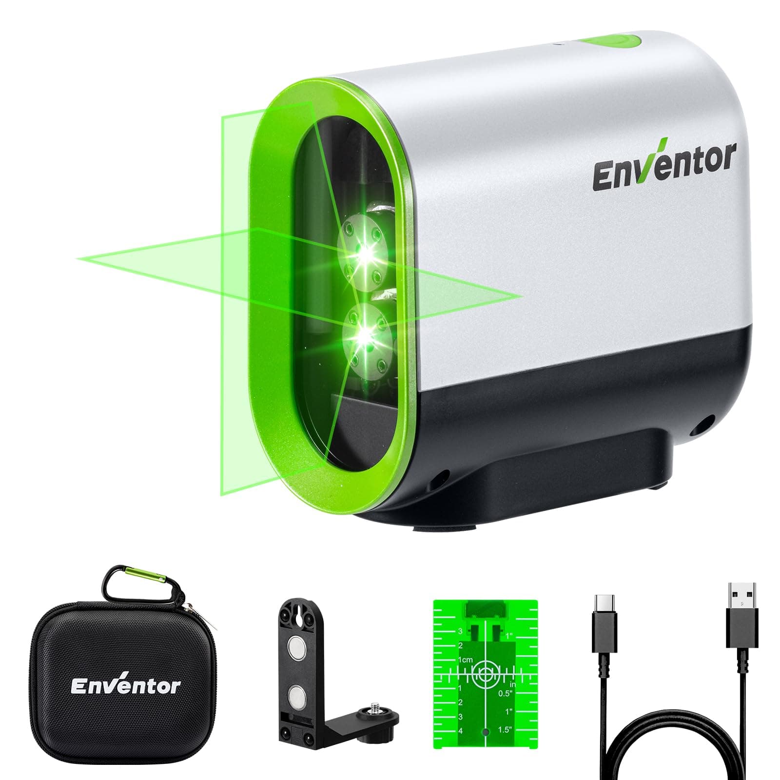 ENVENTOR Niveau Laser Vert Autonivelant 360 Rotatif, Mode Pulsé, 50M Étendue, USB Charge, Ligne Laser Croix/Horizontale