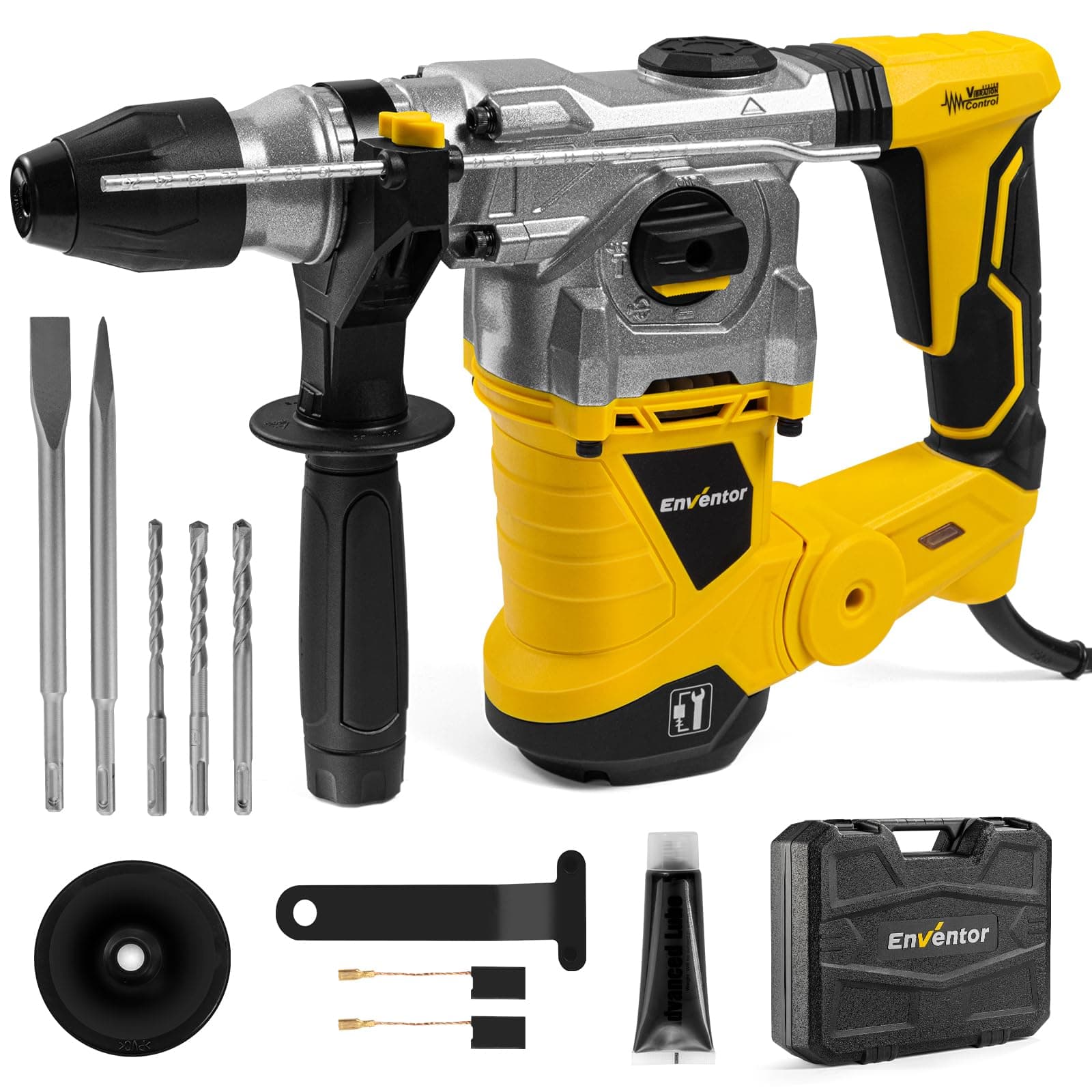 PERCEUSE À PERCUSSION ENVENTOR 1500W SDS-PLUS, POIGNÉE ANTIVIBRATION, POIDS LÉGER, PERÇAGE BÉTON ET METAL, 4 FONCTIONS