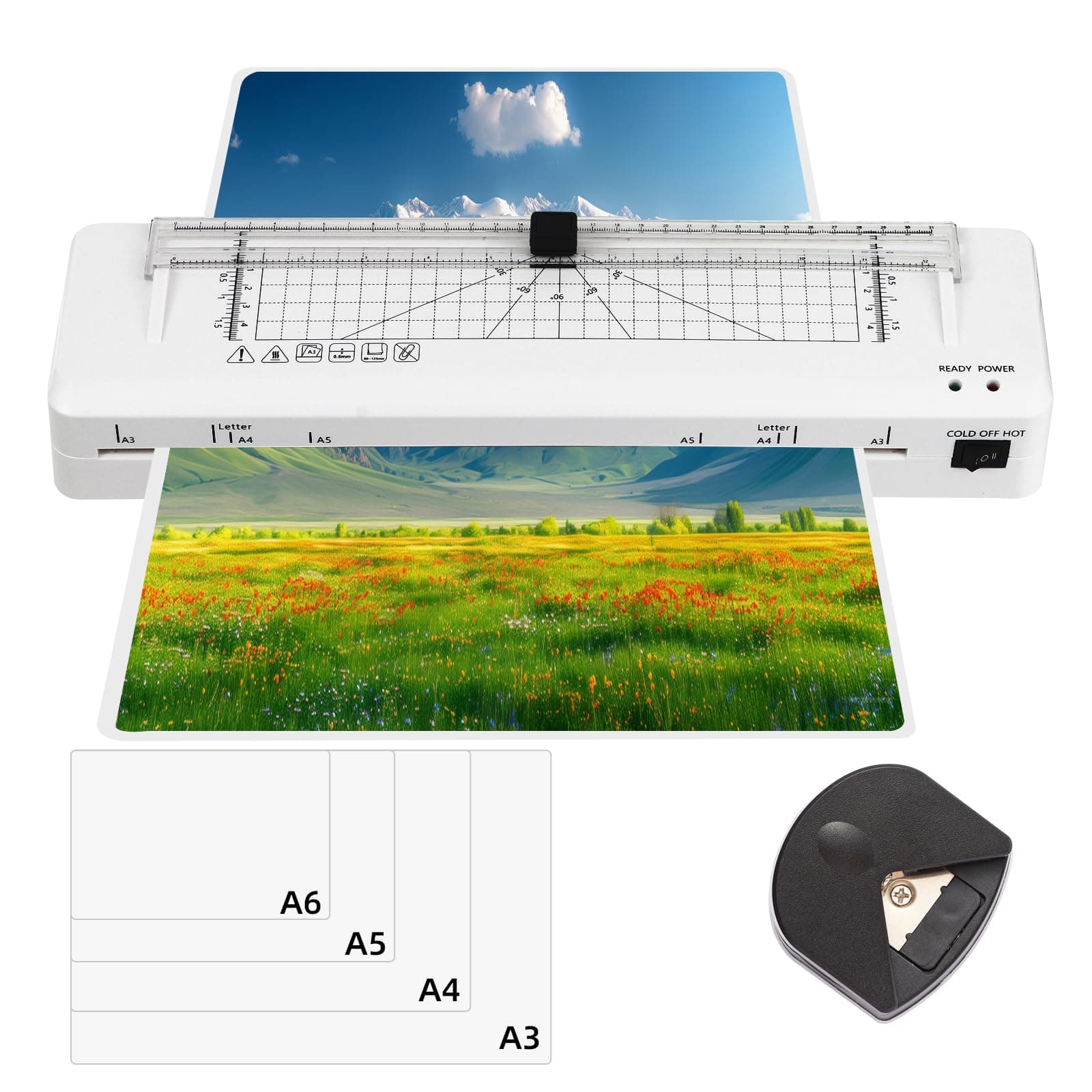 Plastifieuse A3 avec Coupe-Papier et Plastification Thermique & Froide | Parfaite pour Bureau & Ecole | Traits Ronds | A
