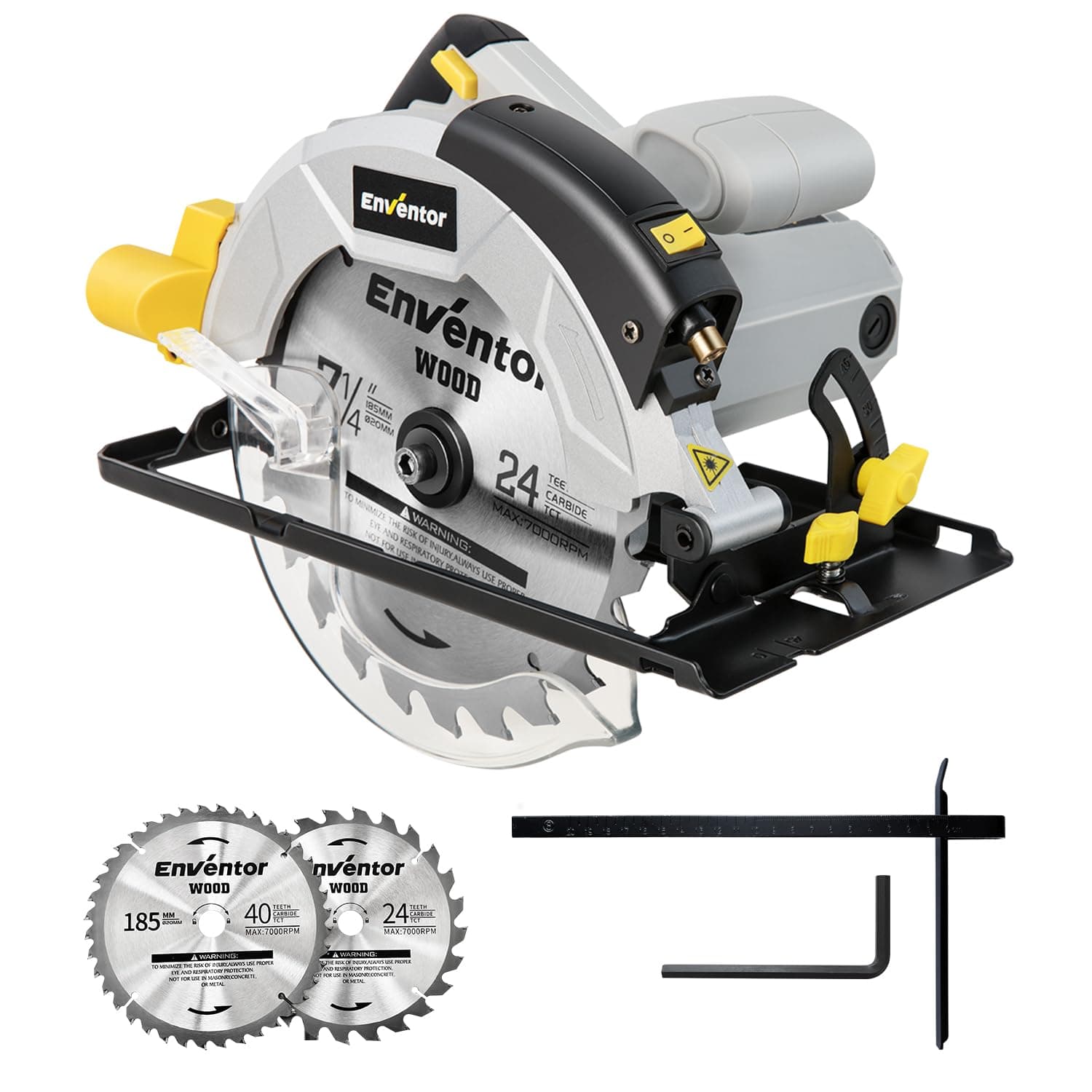 Scie Circulaire ENVENTOR 1200W Guidage Laser Bois 5800RPM Profondeur 62/42mm Moteur Cuivre Lama 185 m