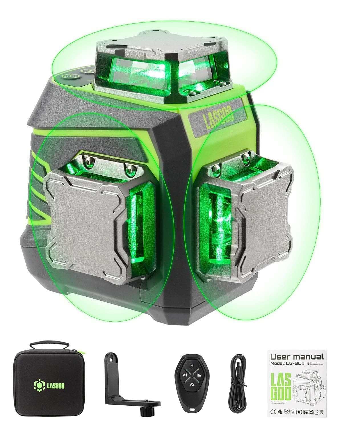 LasGoo Niveau Laser 3x360° Auto-nivelant - Construction - Professionnels - Bâtiment et Réparation - Éclairage Vert Crois