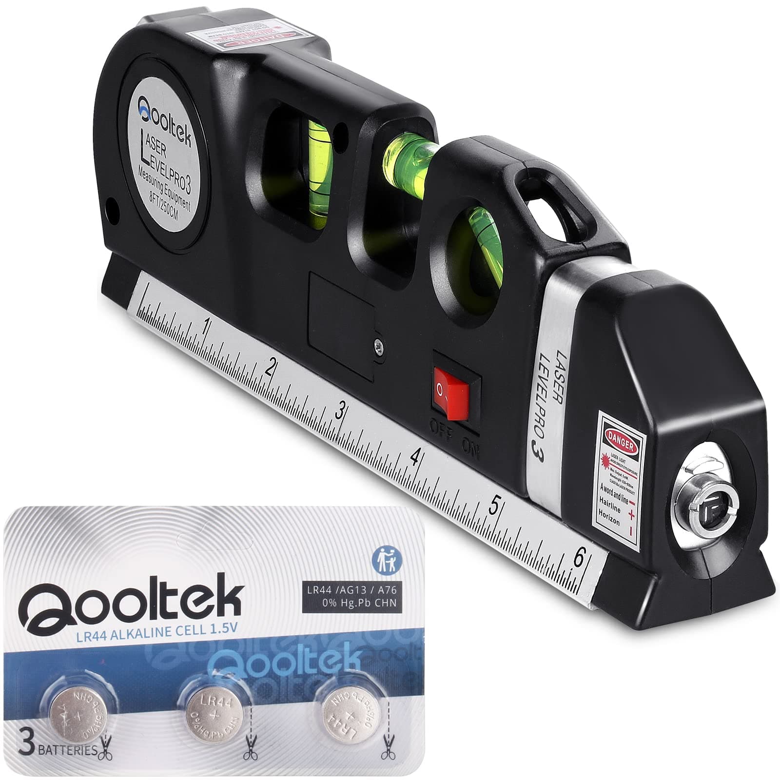 Qooltek Niveau laser multifonction - lignes laser horizontales et verticales croisées, ruban à mesurer de 2,5m / 8pieds,