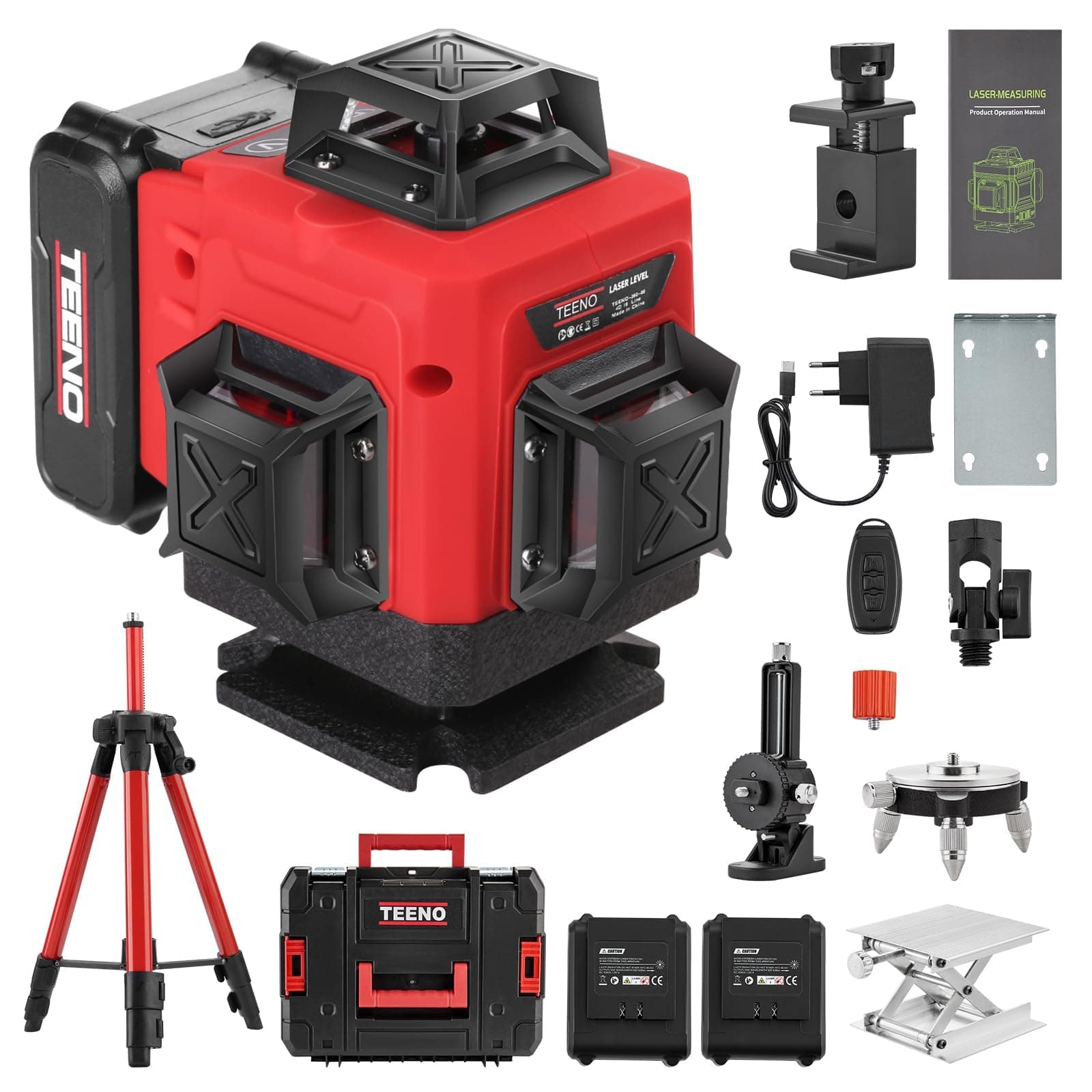 TEENO Rotatif Niveau Laser 360° x 4,4D 16 Line verte, batterie rechargeable 4800 mAh x 2 | Affichage Numérique LCD avec