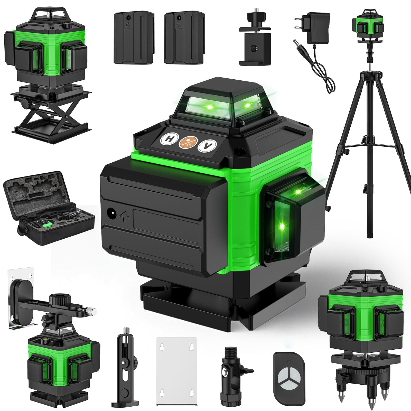 Niveau laser 4 x 360° Verte avec Autonivelant et 2 Batteries rechargeables 2600 mAh
