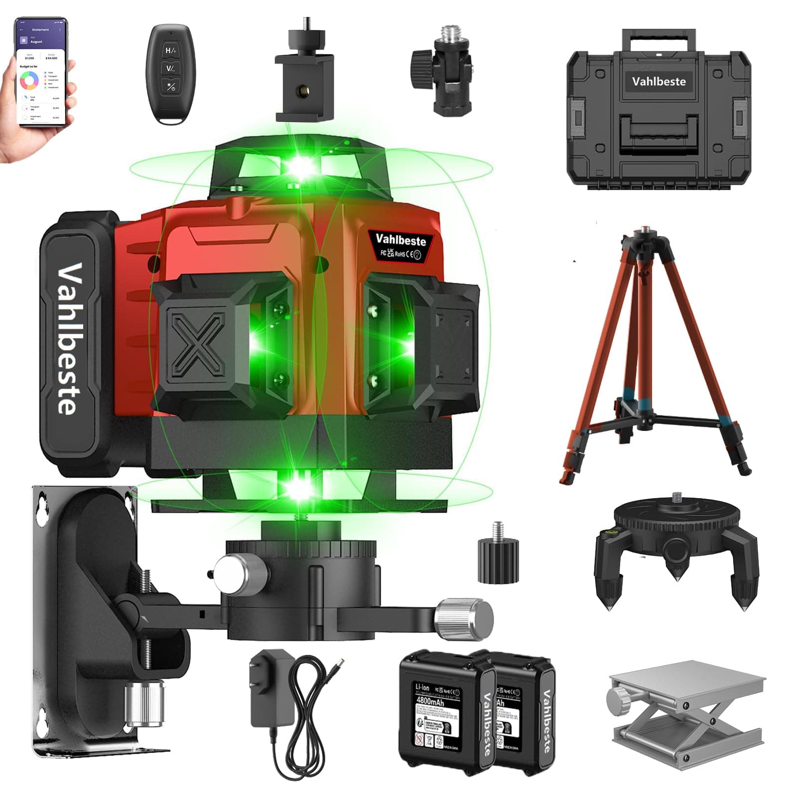 Niveau Laser Trepied 4D 16 Lignes 360° Chantier Étanche IP54 & Batterie IP54 Étanche & Affichage LED