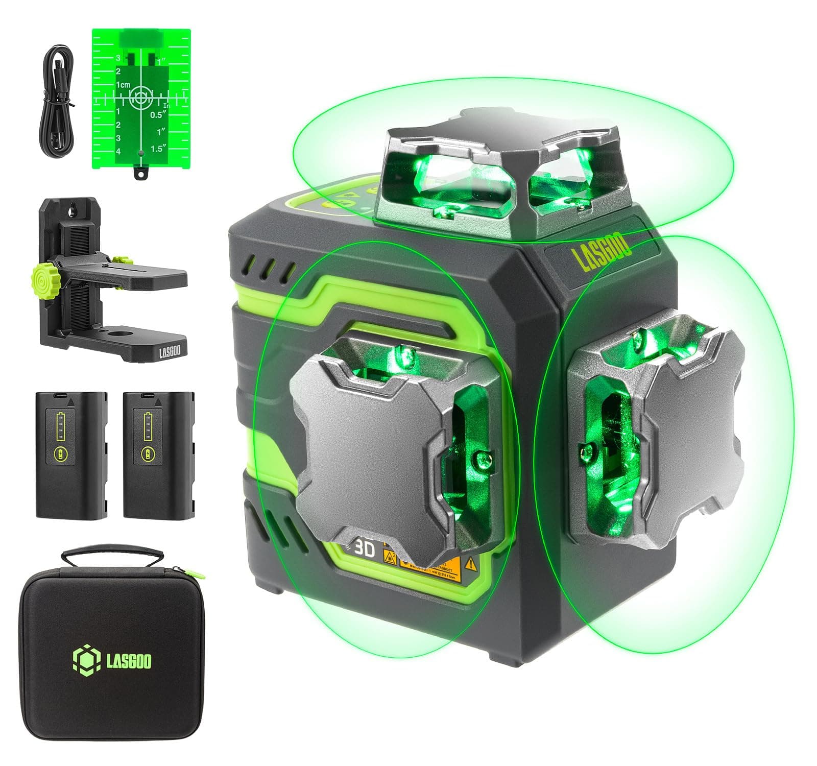 LasGoo LG-3D Niveau Laser Auto-Nivelant - Usage Professionnel - Construction et Alignements - 3x360° Faisceau Vert - 2 B