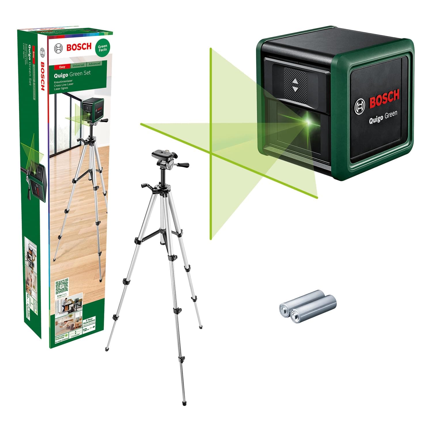 Bosch Laser lignes Quigo Green avec trépied - boîtier en plastique recyclé - idéal pour les professionnels en constructi
