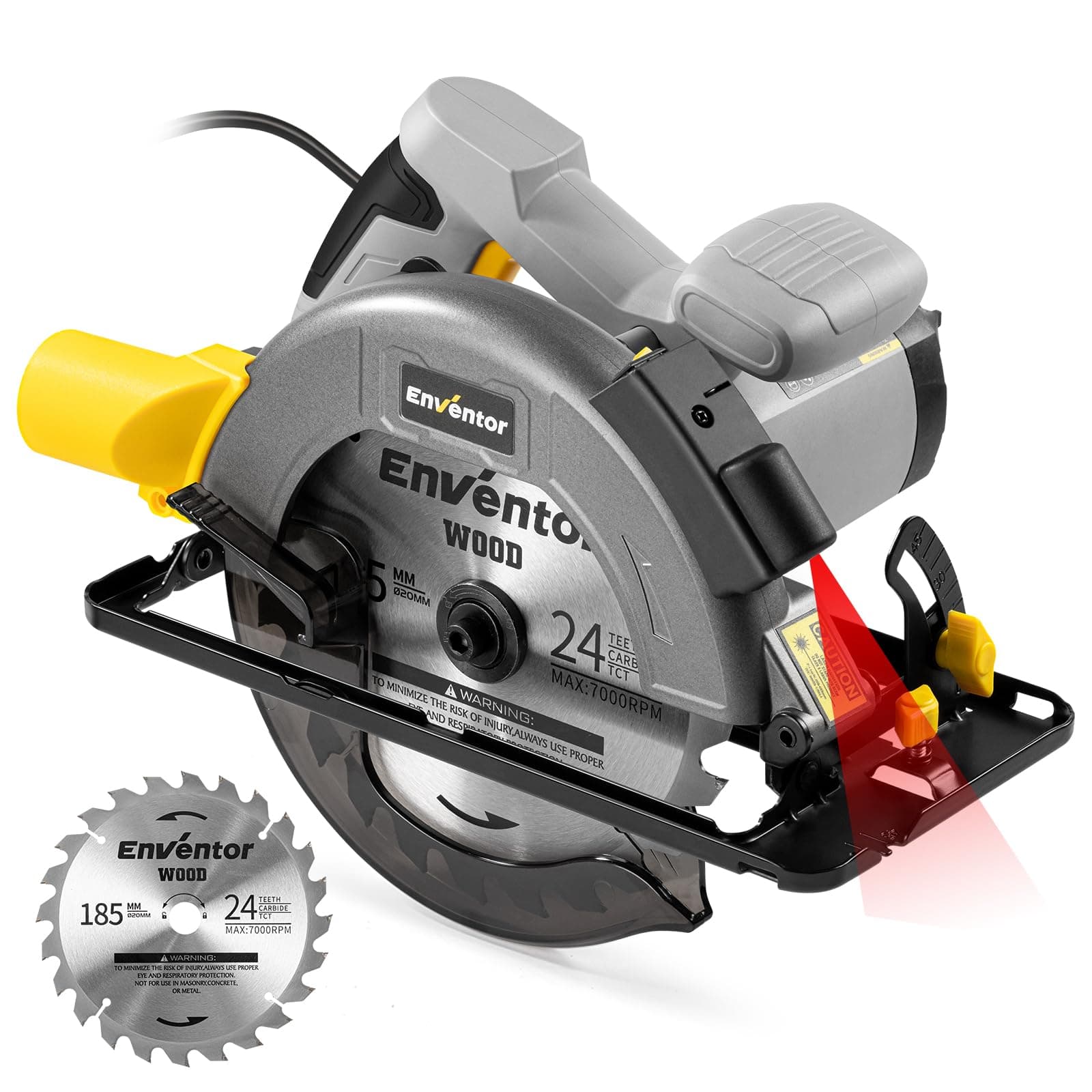 ENVENTOR Scie Circulaire Électrique 1400W pour Bois + Guide Laser + Moteur en Cuivre Pur