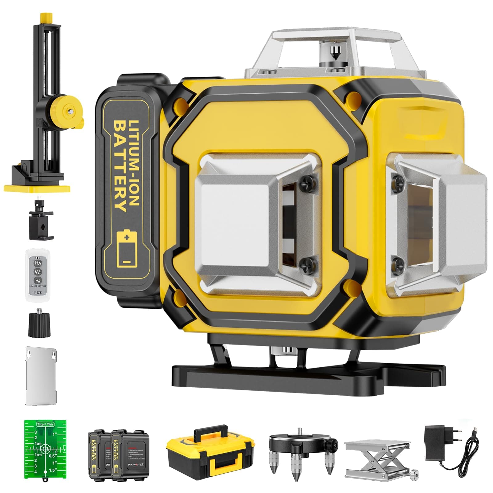 Lazer Niveaux Autonivelant 360° x 4, 2 x Batterie, Nivellement Automatique, Support Rotatif - Lazer Niveaux 4D Autonivel