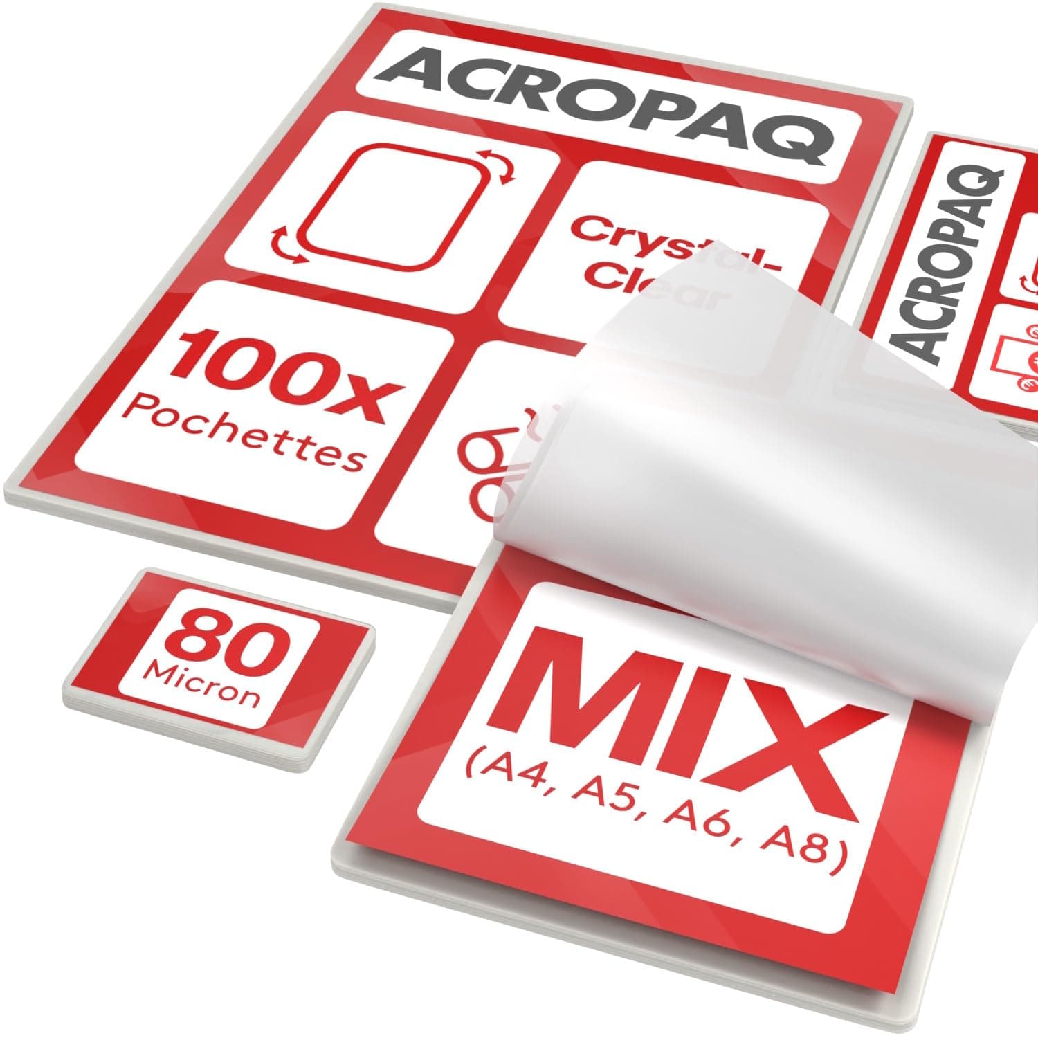 ACROPAQ Feuilles plastifiées MIX 80 microns, 100 pochettes, Finition brillante - Papier plastifié A4, Pochette a plastif
