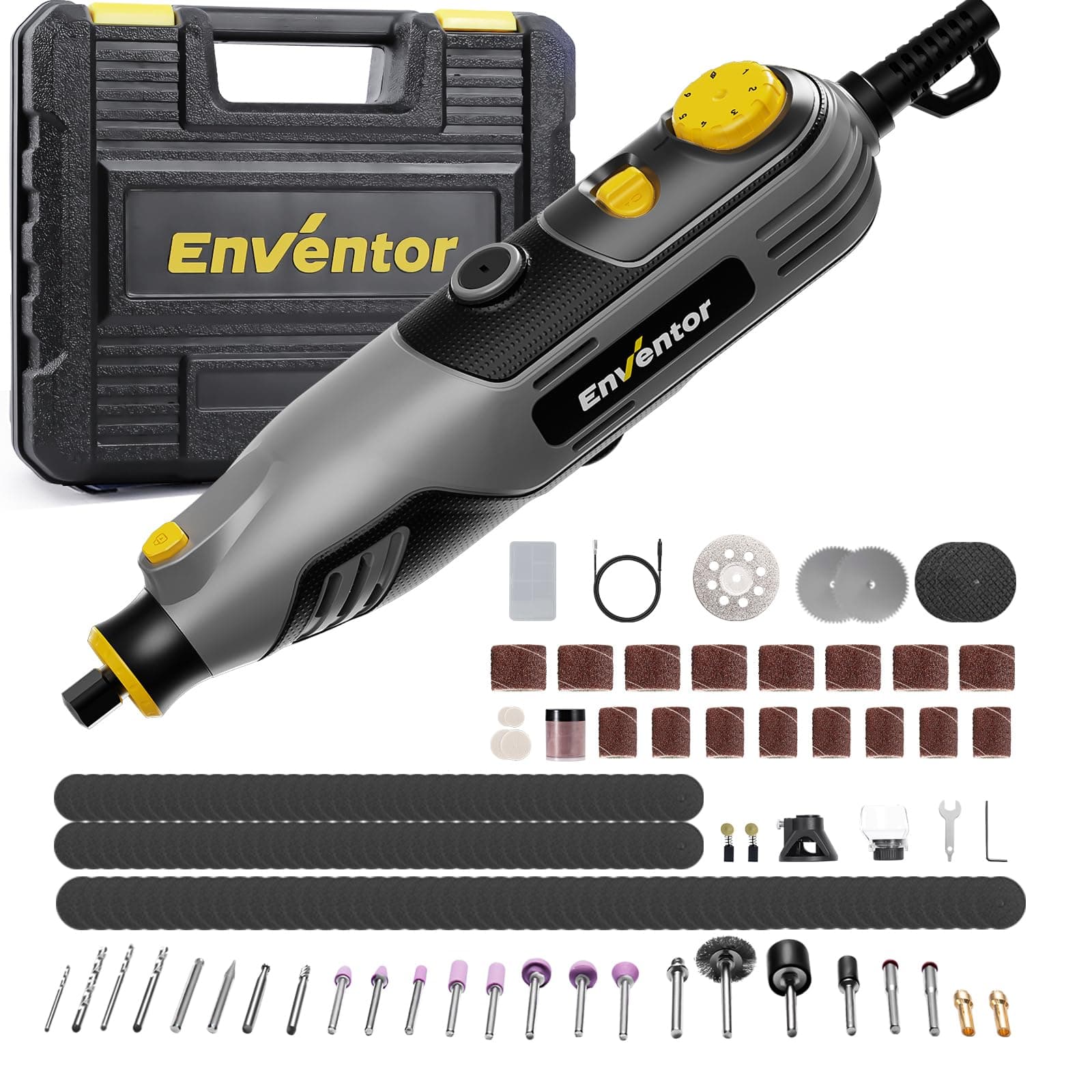 Outil Rotatif Enventor Mini 130W pour Professionnels, 206 Accessoires Inclus, 6 Vitesses Réglables, 10 000-35 000 tr/min