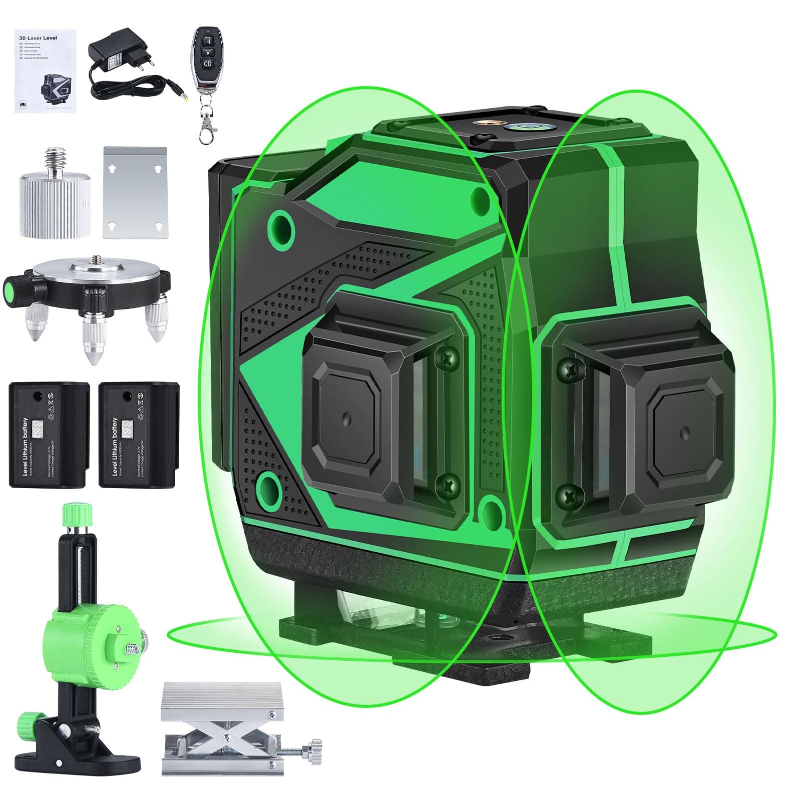 Kraumi Niveau laser 12 linges autonivelant 3x360° ligne horizontale et verticale faisceau laser vert 30M piles inclus