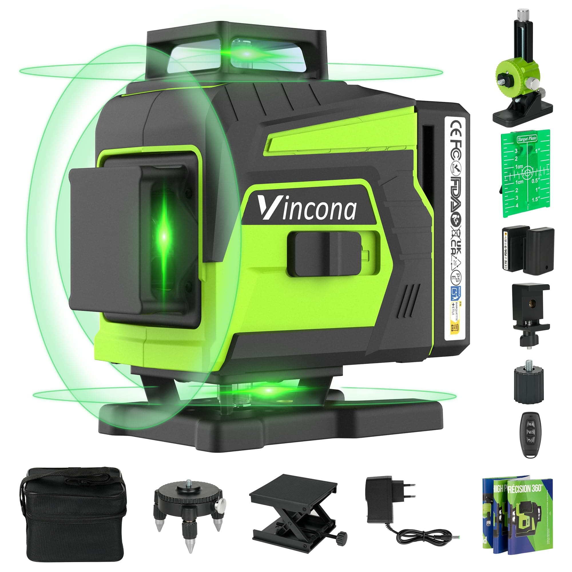 Laser à nivellement 4 x 360 °, autonomieux, pour travaux professionnels, 16 lignes de lasers vertes, avec 2 piles batter