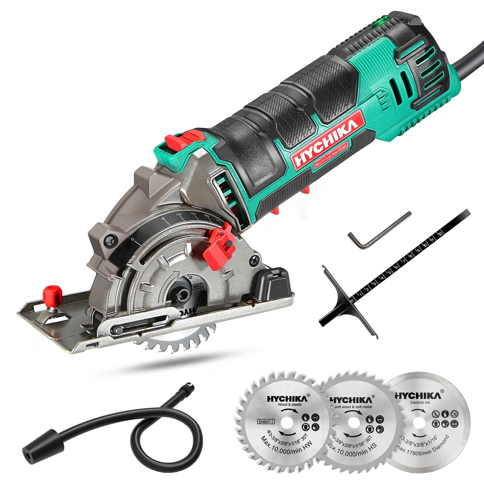 HYCHIKA 500W Mini Scie Circulaire pour Bois, Métal Mou et Carreaux - Grande Capacité de Coupe à 4500 RPM - Profondeur de