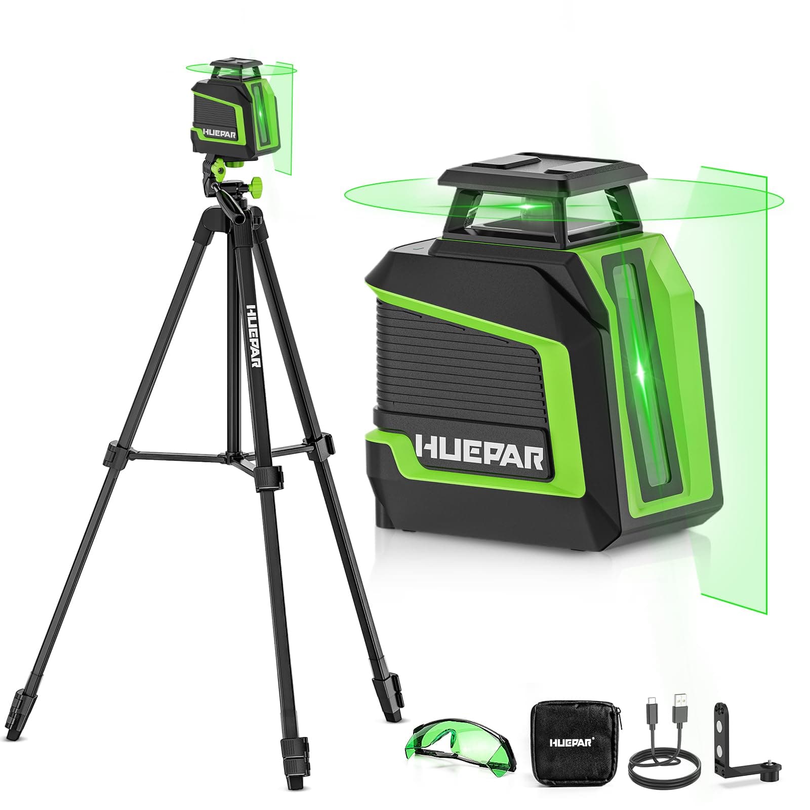 Laser Level Huepar 360° - 152m Trépied - Niveau Vert Autonivelant - Mode Impulsion - 3 Niveaux de Luminosité - Batterie