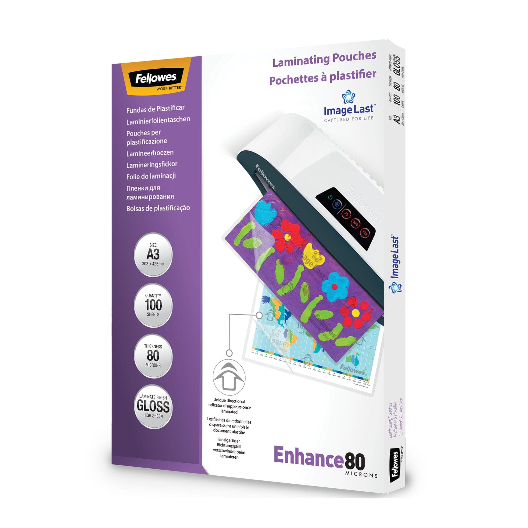 Fellowes Pochette De Plastification 80 Microns Format A3 Pack de 100 Feuilles Plastifieuse A3 Finition Brillante Aspect