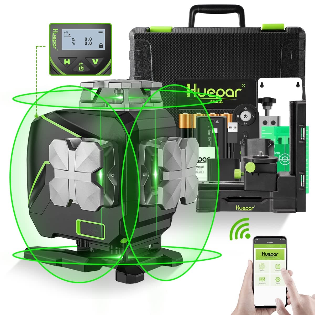 Niveau laser Huepar S04CG Bluetooth 4x360° Auto-Nivelant Horizontale/Verticale Télécommande & Étui de Transport