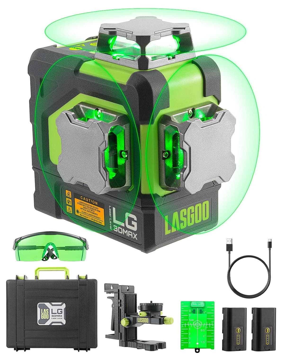 Niveau Laser LasGoo LG-3DMAX Vert Auto-Nivellant 3x360° | Batteries Lithium Rechargeables | Étui Rigide