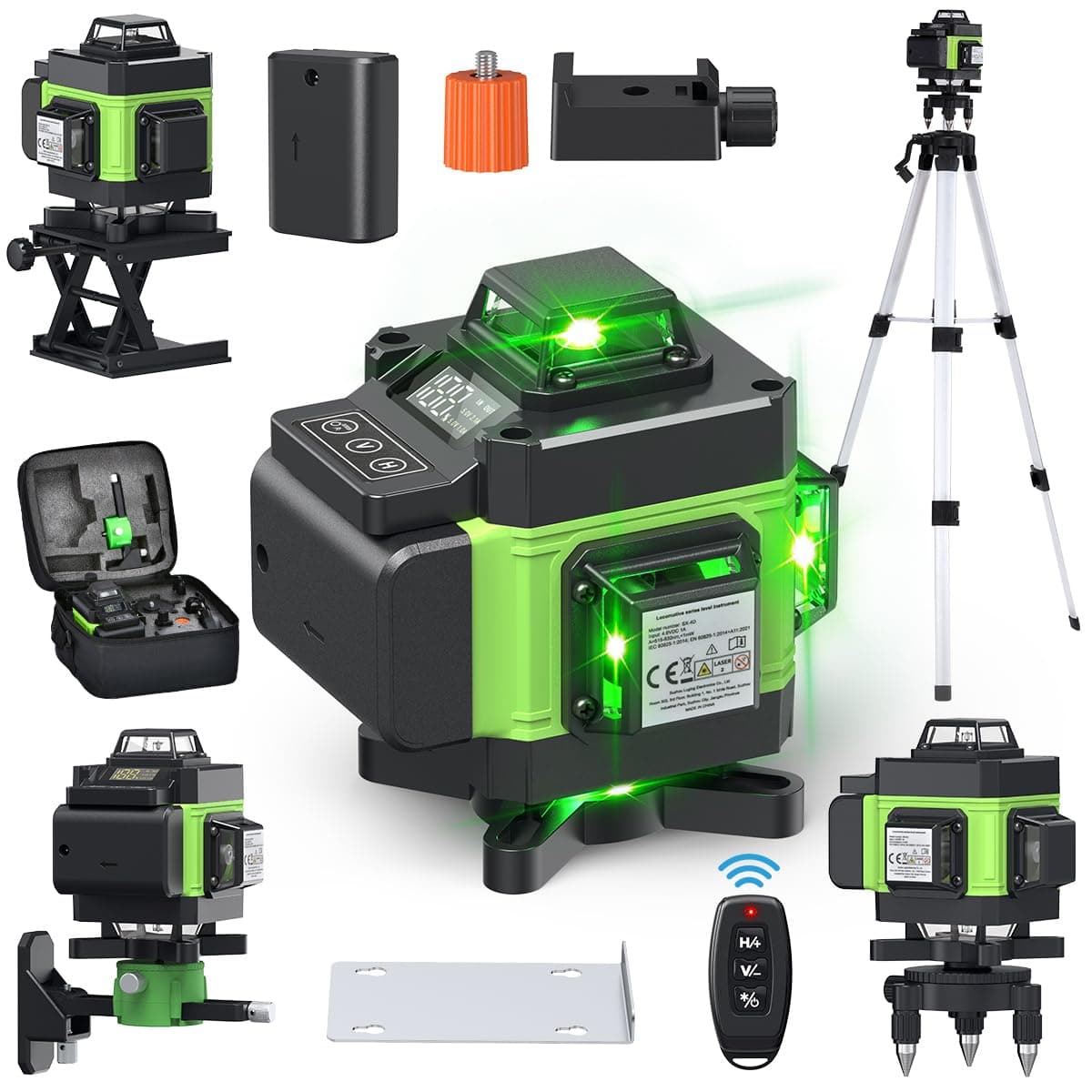 Niveau Laser 4 x 360° Auto-Nivelant Vert Étanche et Anti-Poussière Télécommande Trépied Réglable Hauteur 2400mAh x 2 Pil