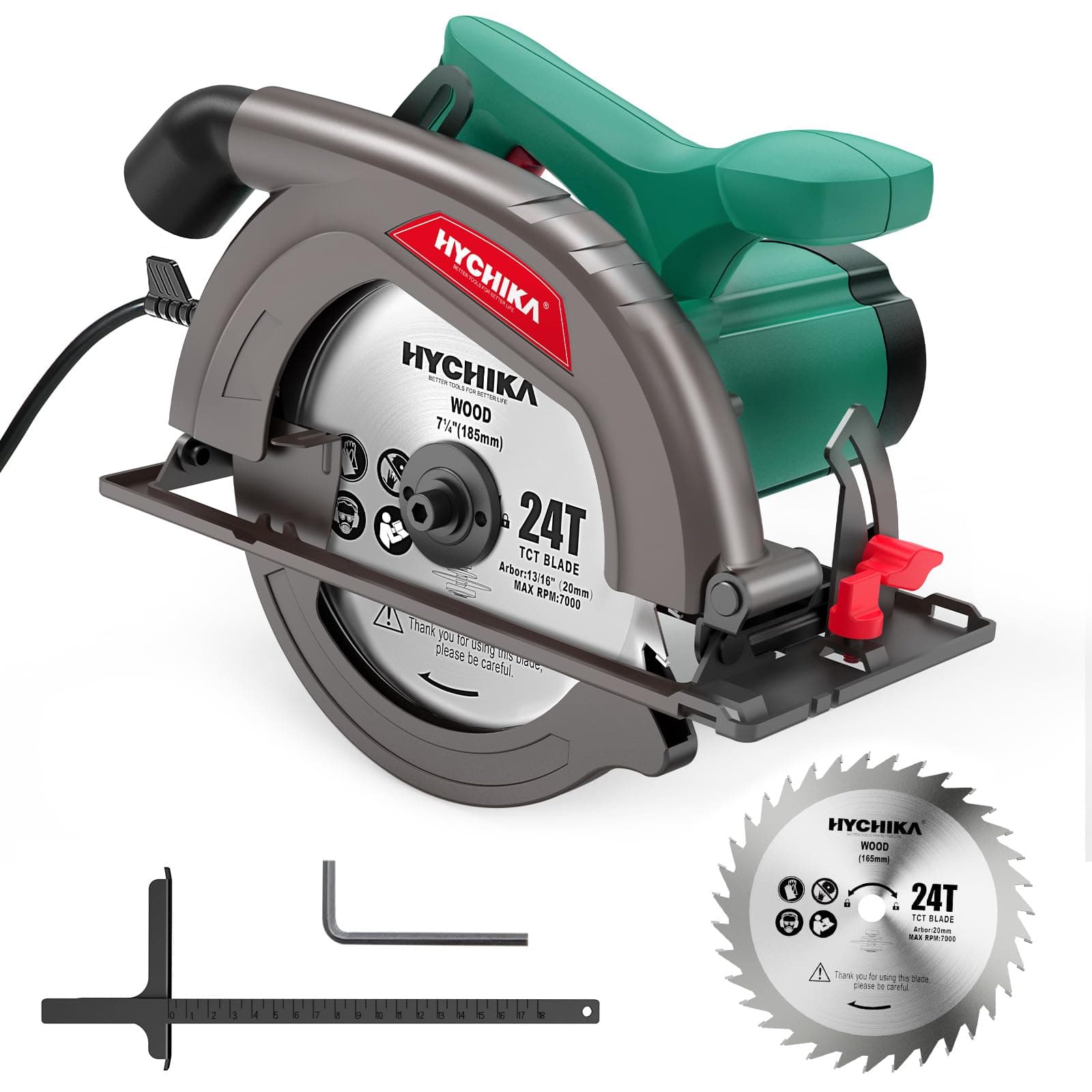 HYCHIKA Scie Circulaire Électrique, Haute Puissance pour Bois et Plastique, Profondeur de coupe jusqu'à 65 mm et 45 mm,