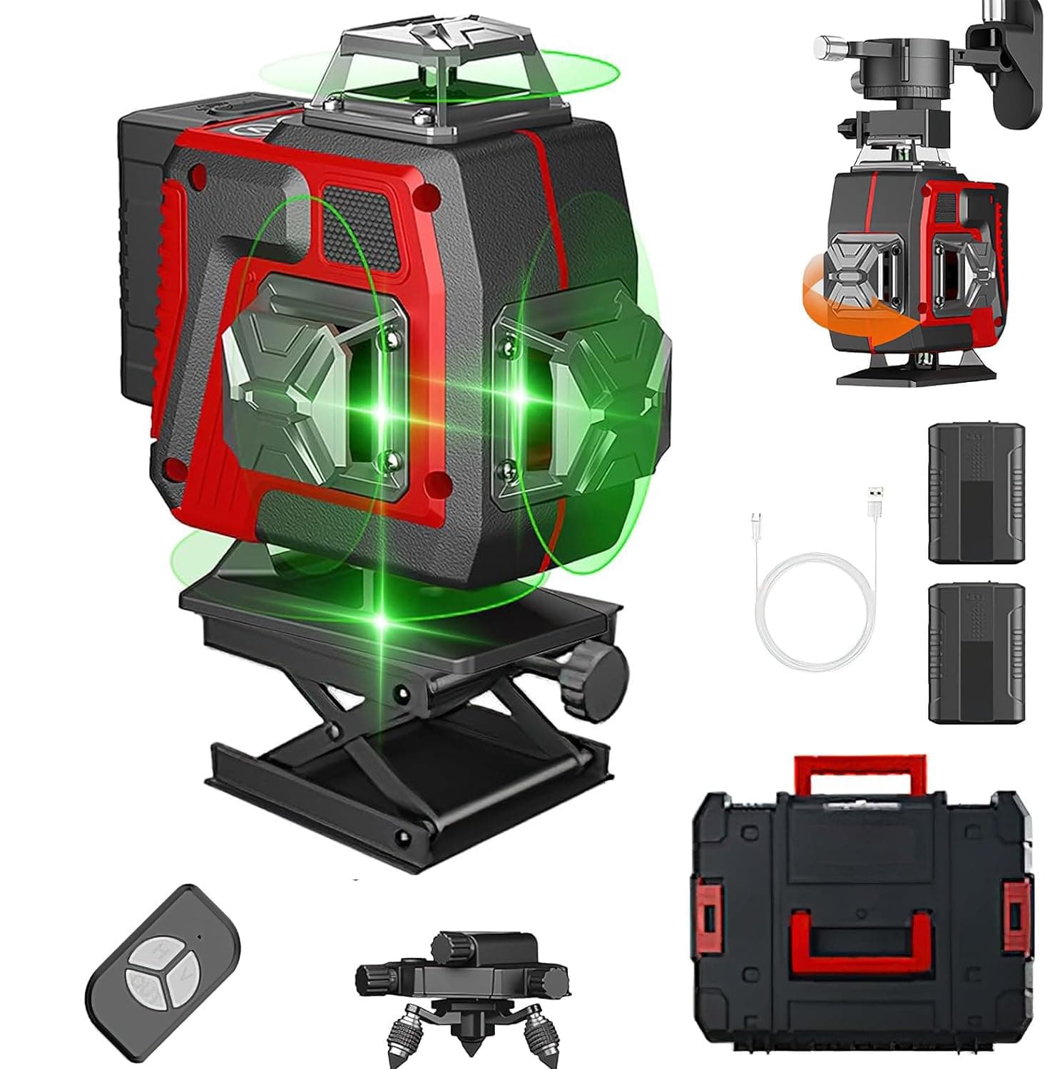 Niveau Laser 360°x 4D Niveau Laser Vert Auto-nivelant avec Télécommande Intégrée Batterie Rechargeable 2 * 2400 mAh
