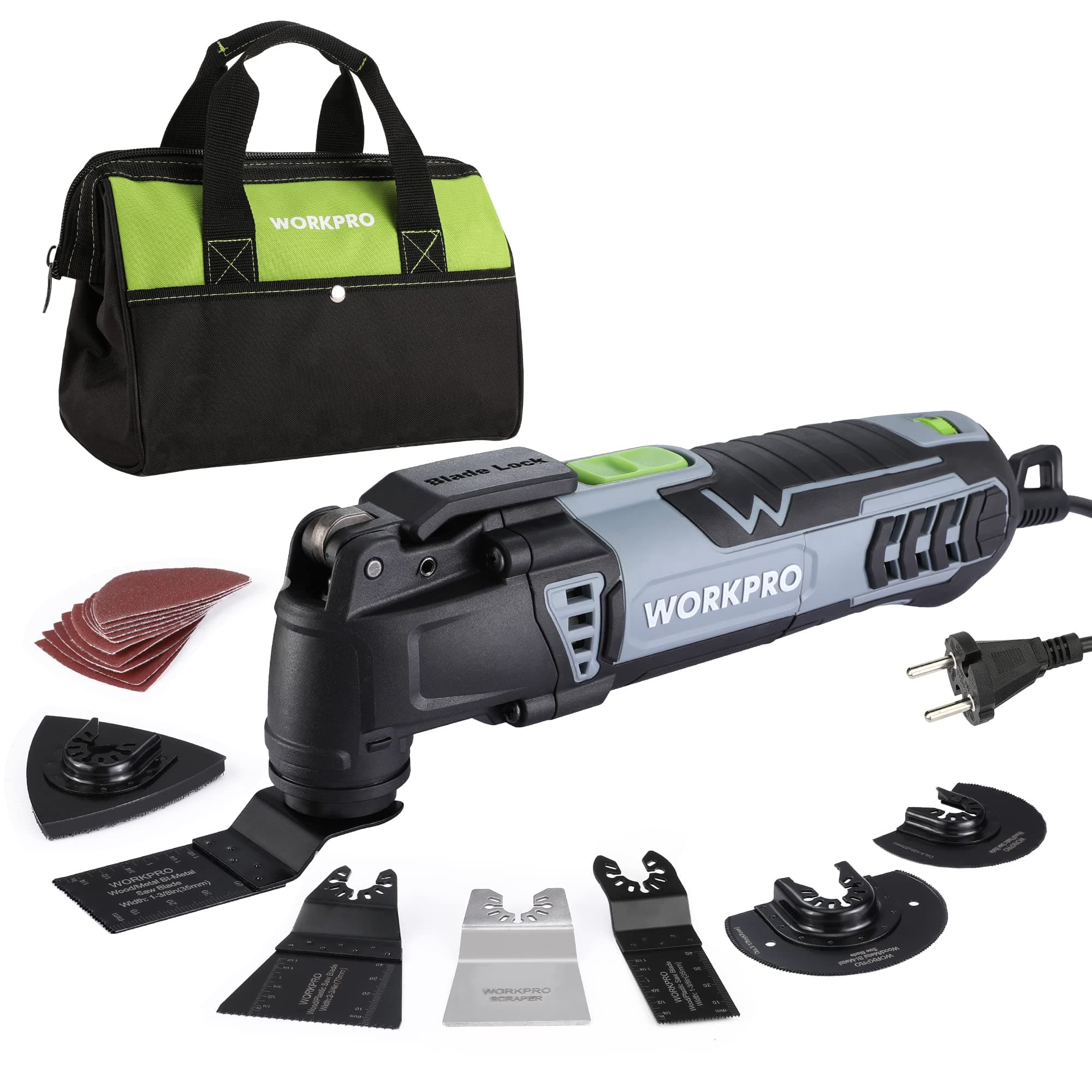 Outil MULTIFONCTION WORKPRO 300W pour Sciage et Polissage - 7 Vitesses Réglables et 17 Accessoires Inclus - Angle d'Osci