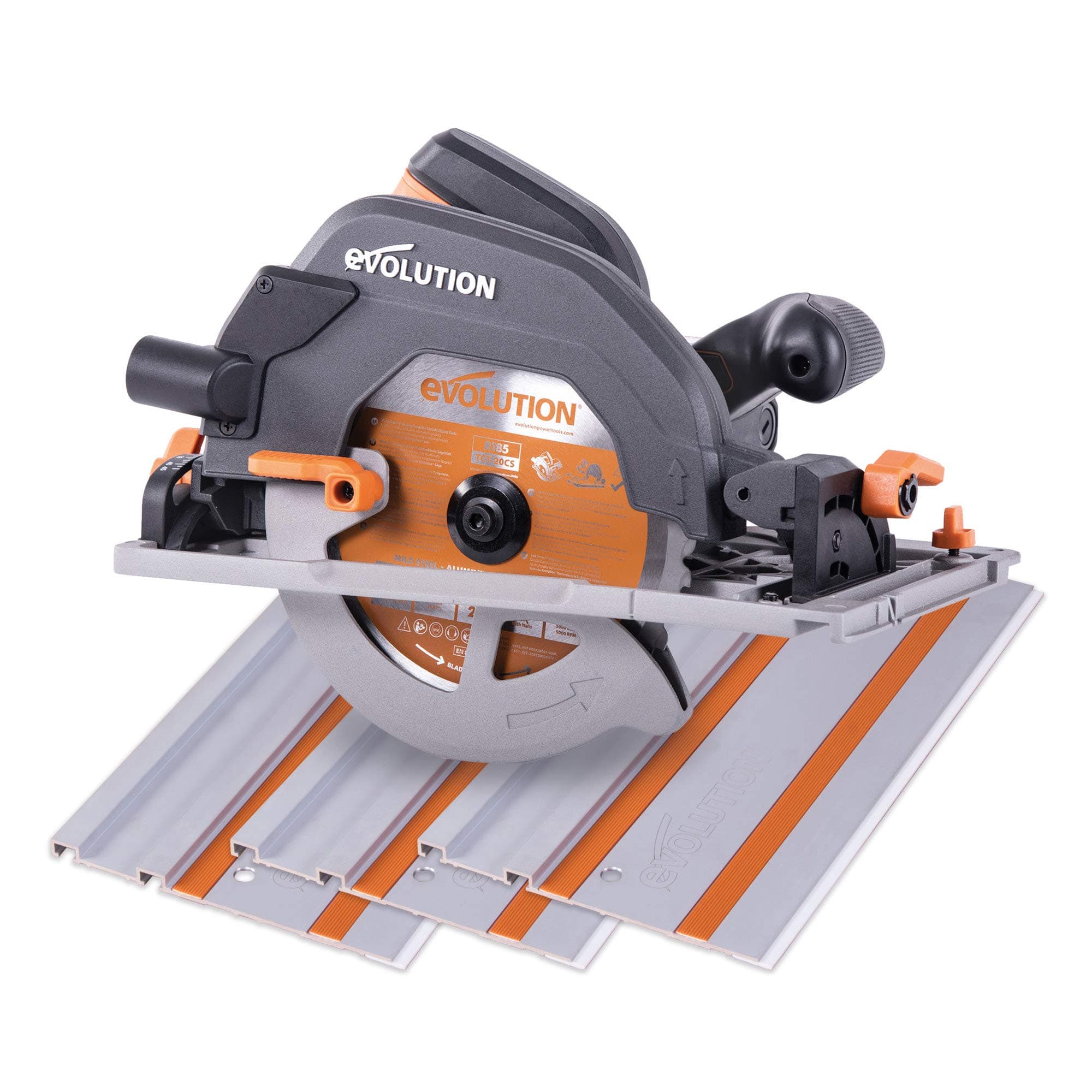 Evolution Power Tools R185CCSX Scie Circulaire 185mm 230V - Coupe Bois Métal Plastique - Avec Rail 1020mm - Adaptateur d
